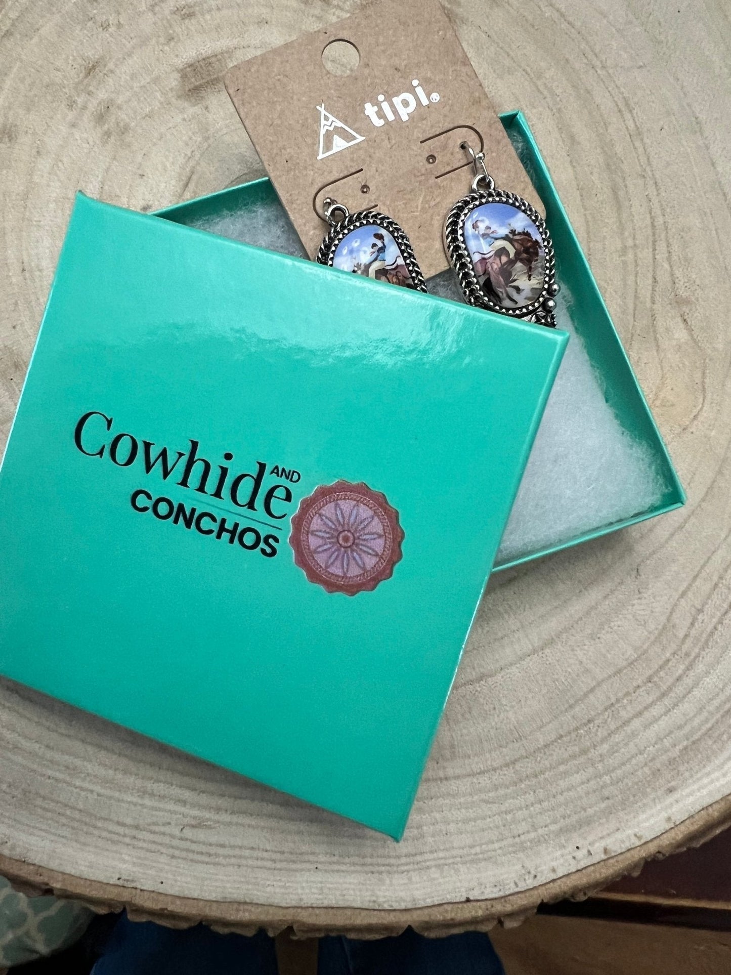 Western Bronc Print Oval & Faux Turquoise Earrings — Matching Rodeo Set