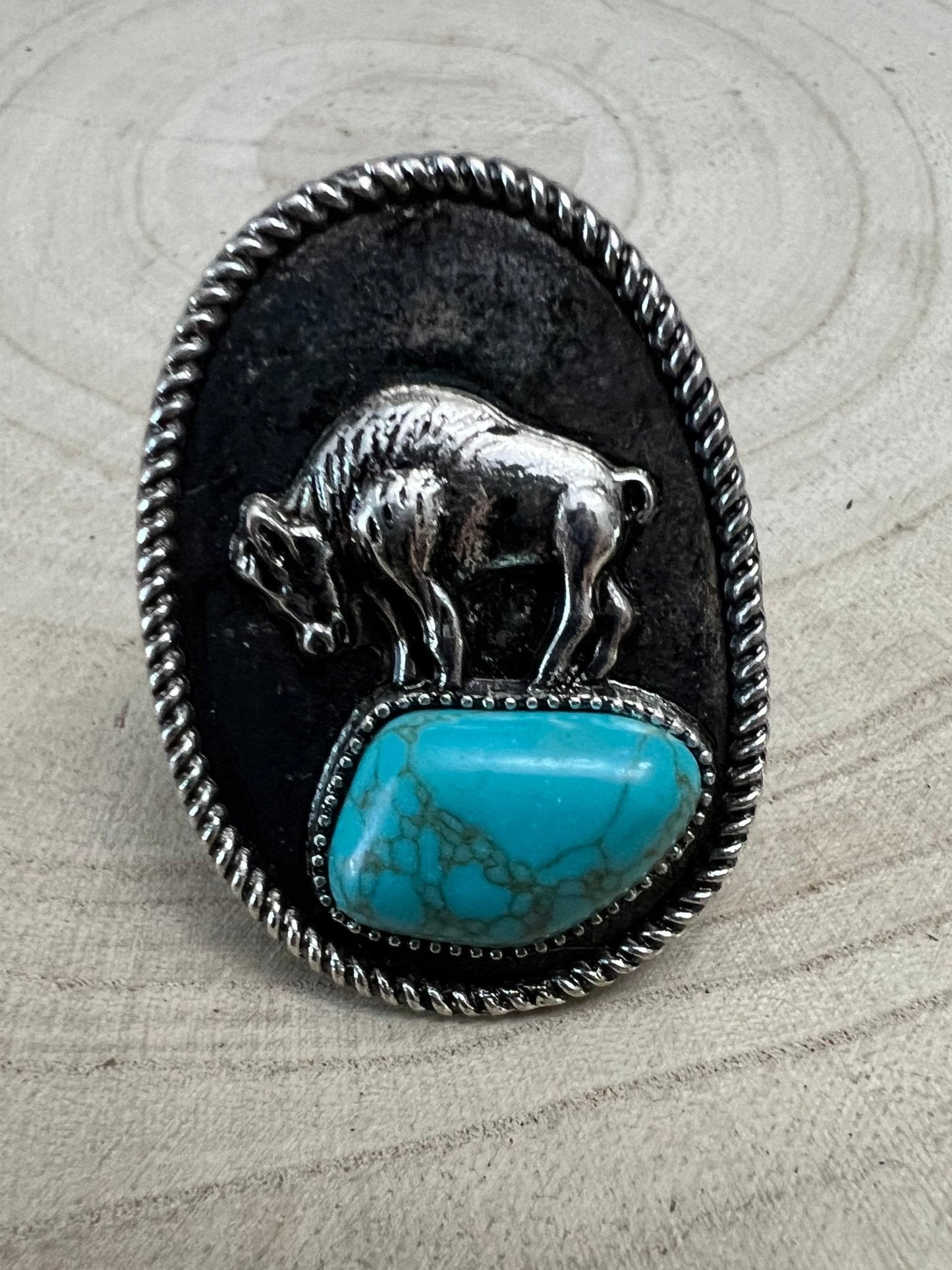 Western Faux Buffalo Coin & Faux Turquoise Nugget Adjustable Ring — Wild West Hand Statement
