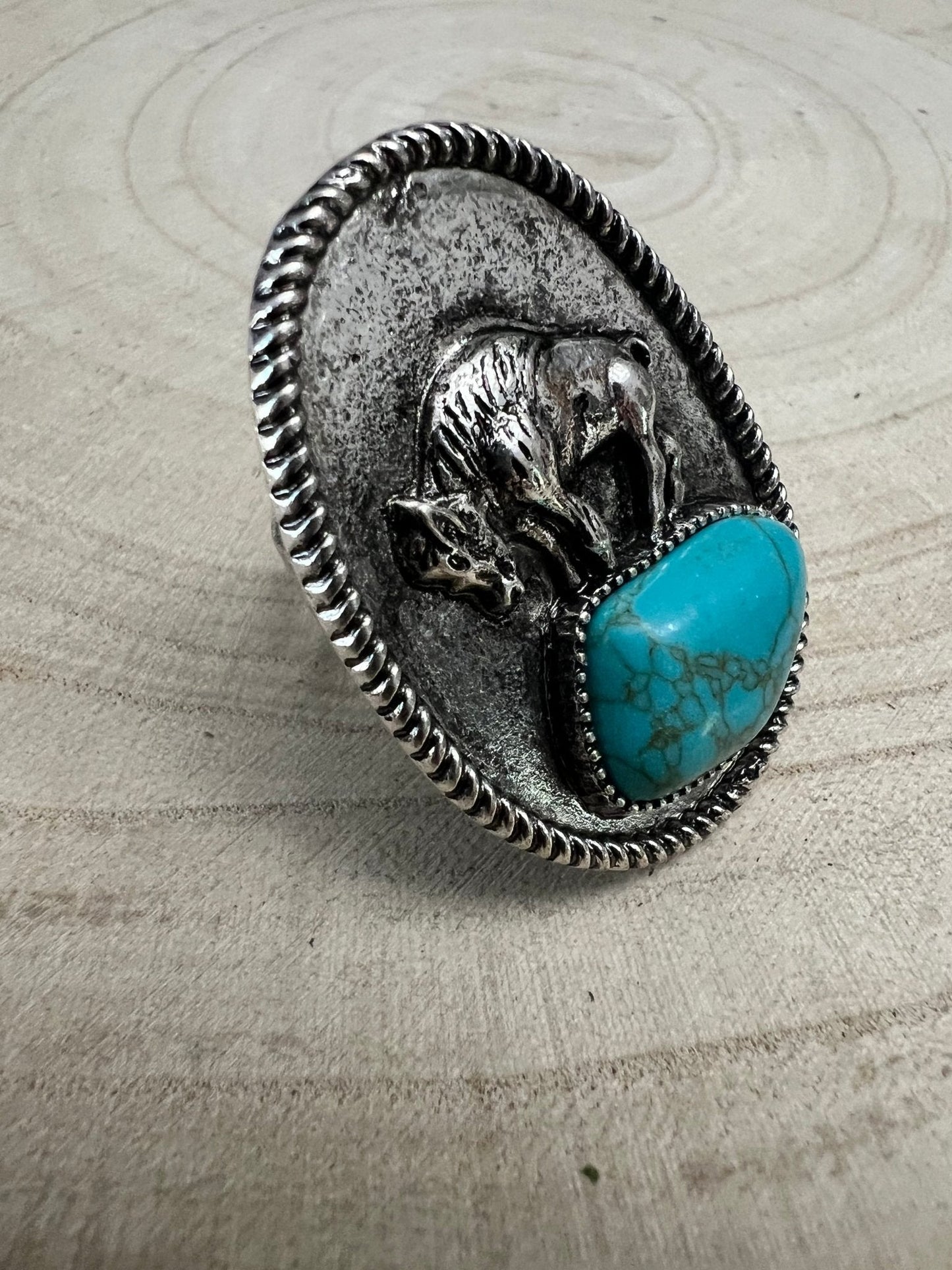 Western Faux Buffalo Coin & Faux Turquoise Nugget Adjustable Ring — Wild West Hand Statement