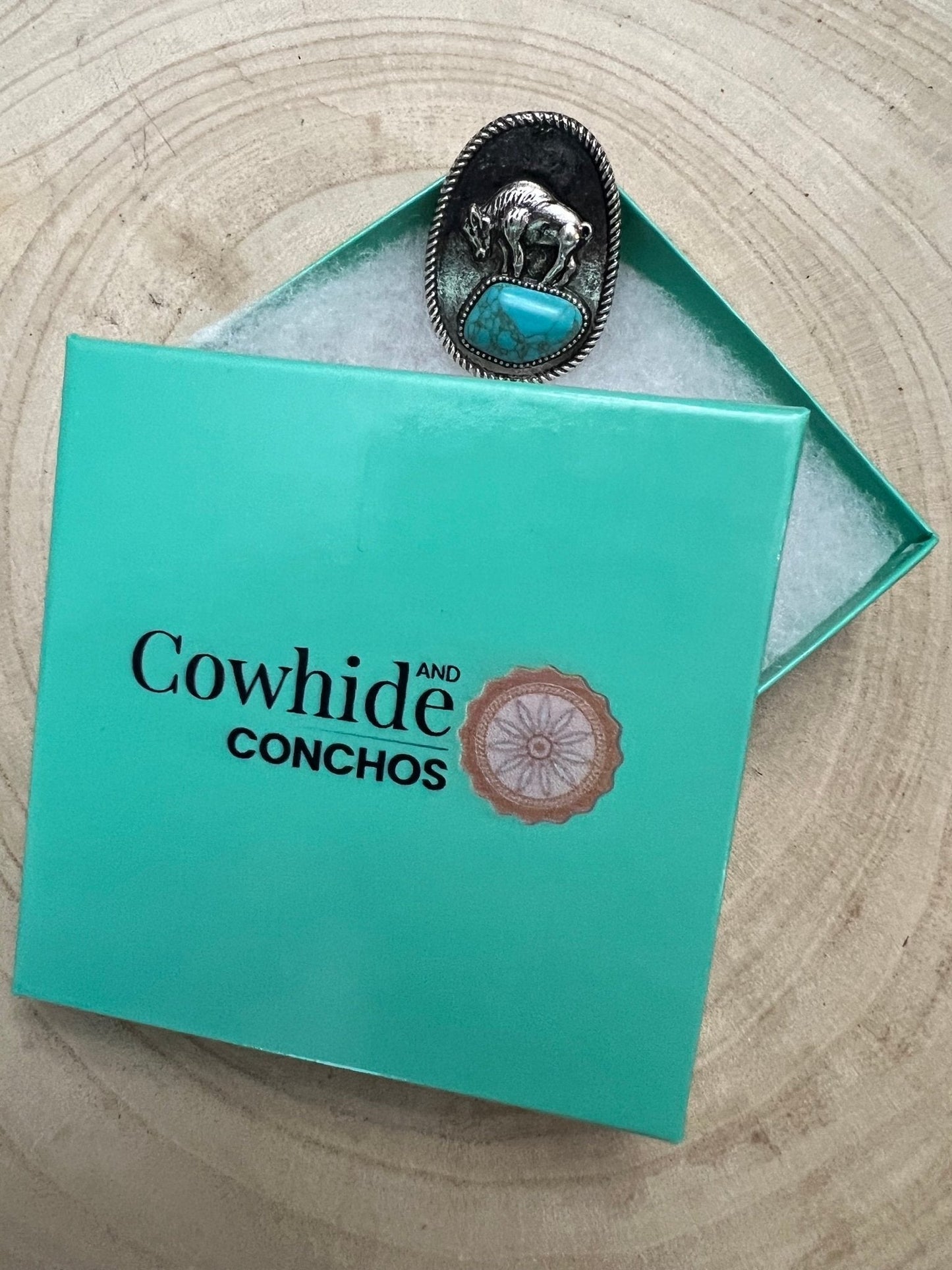 Western Faux Buffalo Coin & Faux Turquoise Nugget Adjustable Ring — Wild West Hand Statement