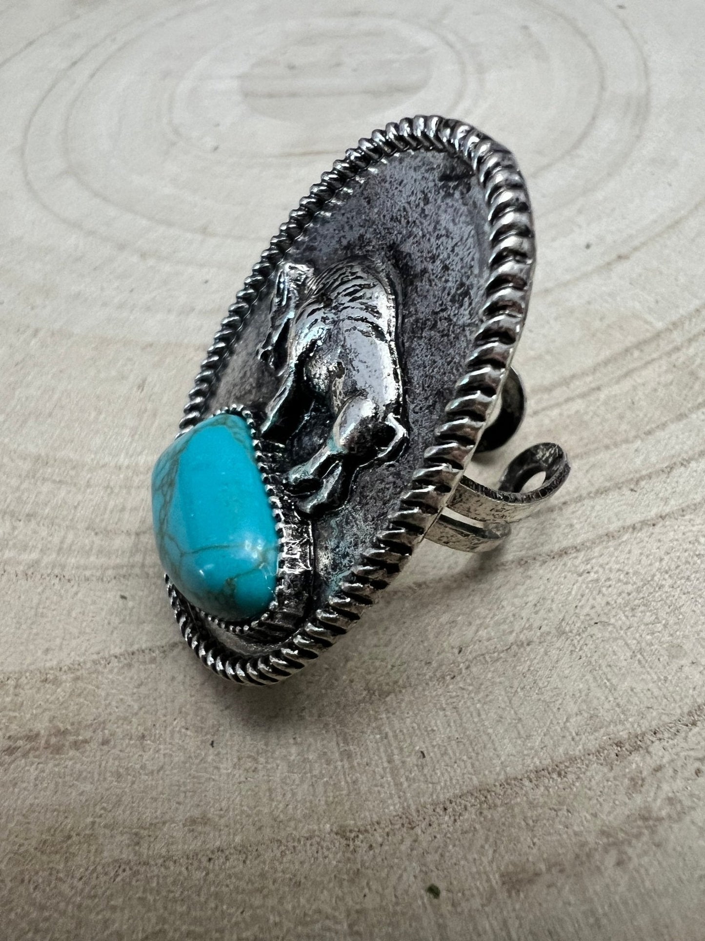 Western Faux Buffalo Coin & Faux Turquoise Nugget Adjustable Ring — Wild West Hand Statement