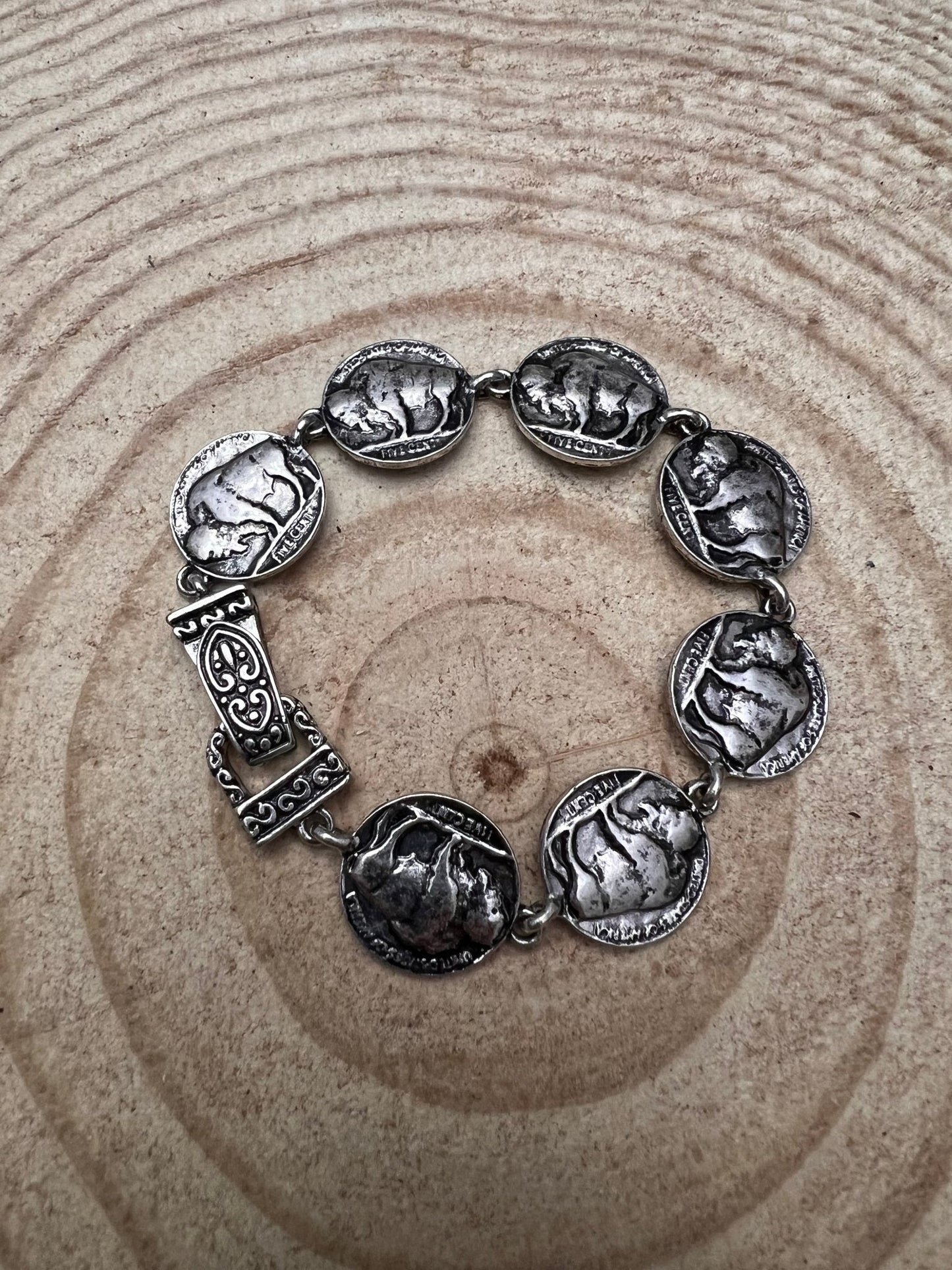Western Buffalo Coin Magnetic Bracelet — Easy-On Silver Bangle