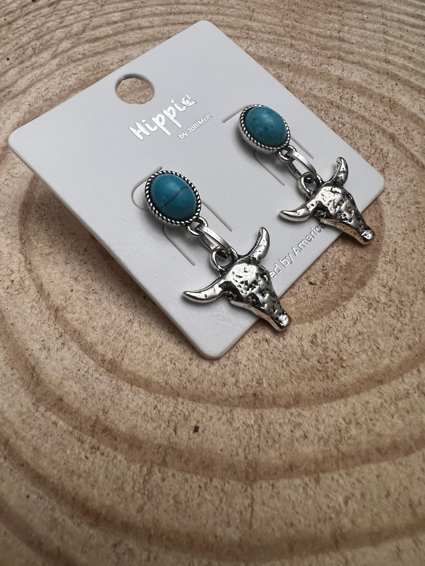 Western Bull Skull Dangle Earrings with Faux Turquoise — 1½" Drop