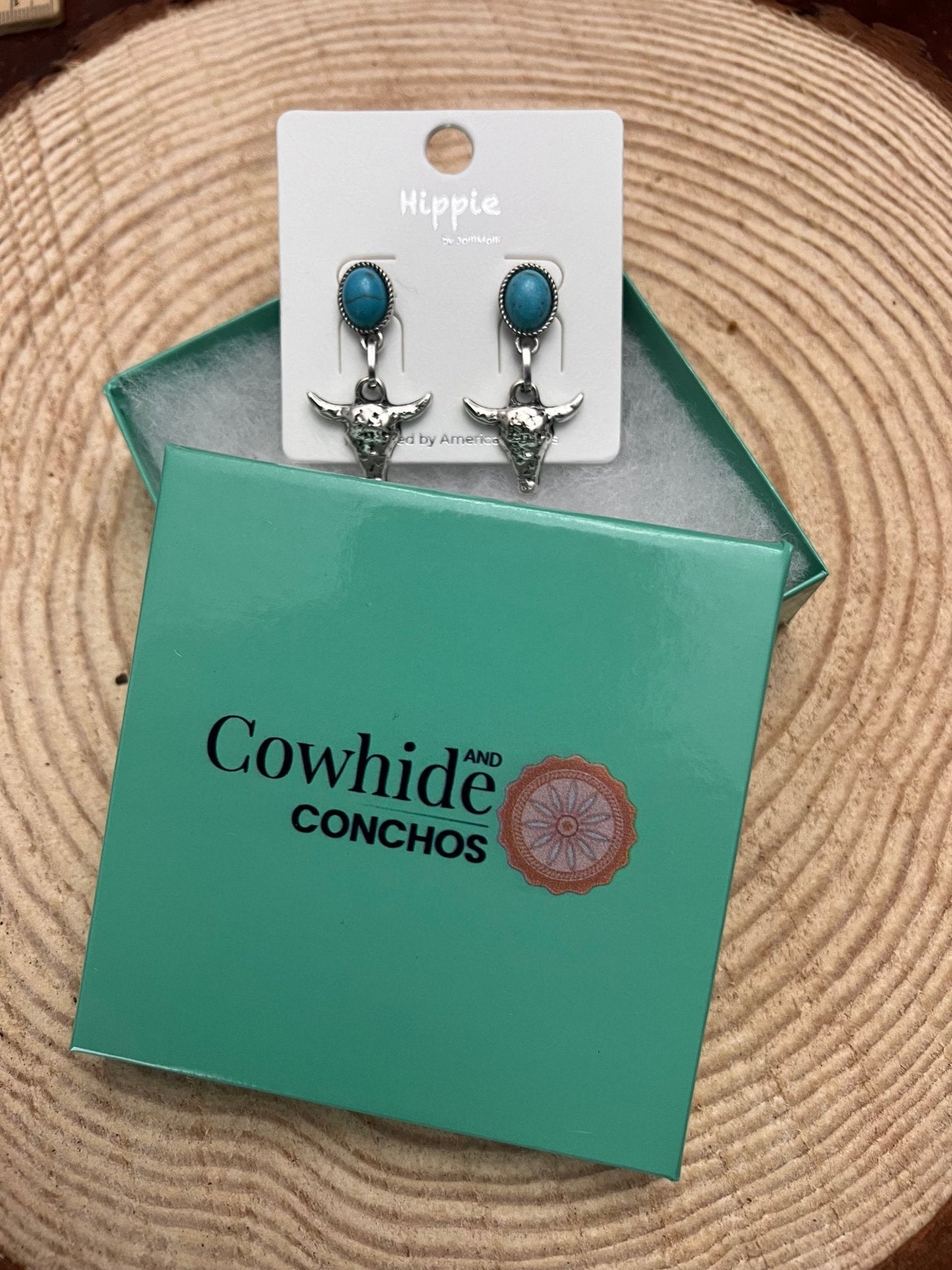 Western Bull Skull Dangle Earrings with Faux Turquoise — 1½" Drop