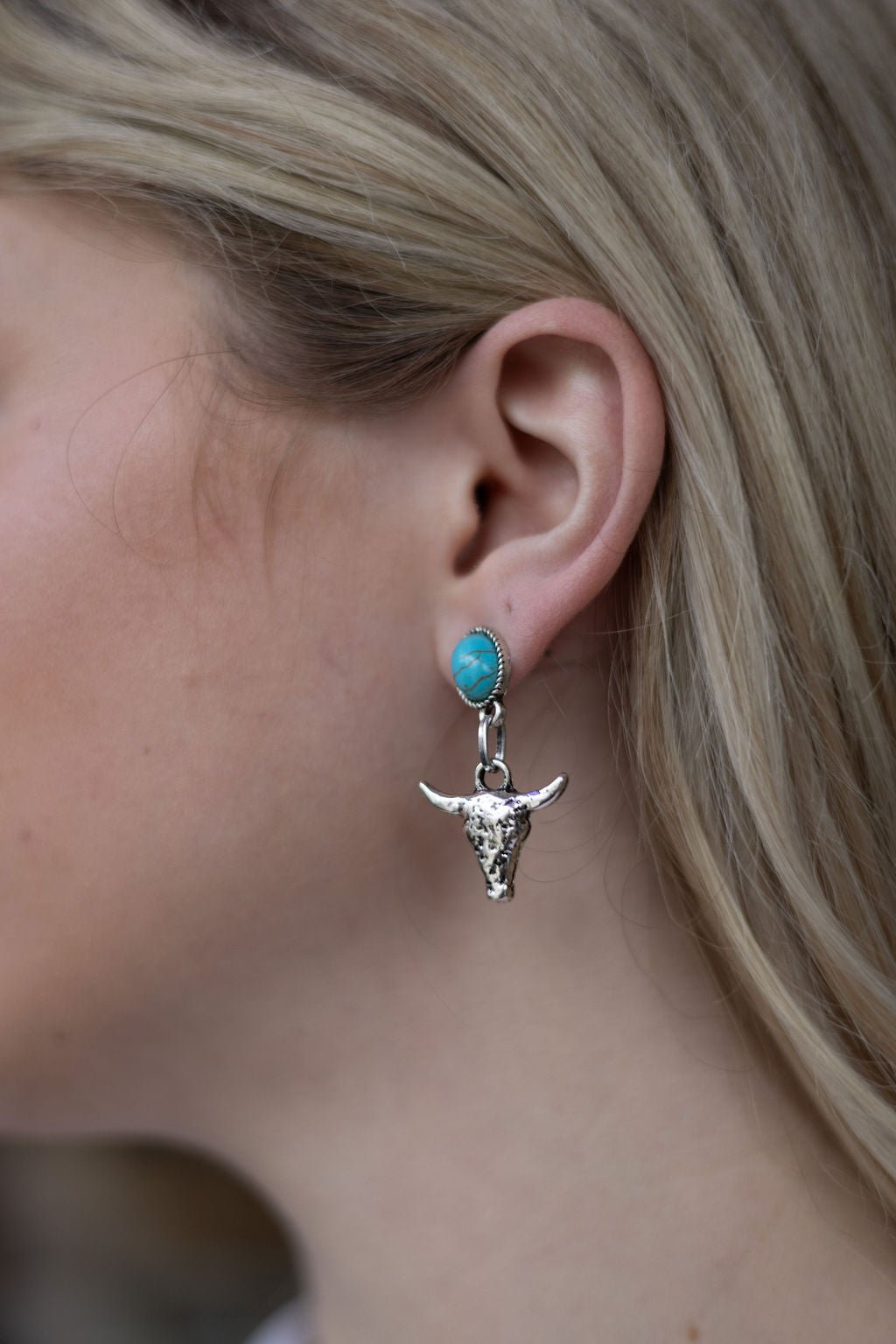 Western Bull Skull Dangle Earrings with Faux Turquoise — 1½" Drop