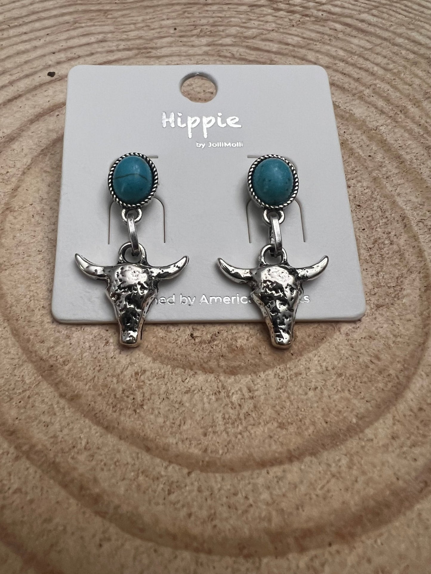 Western Bull Skull Dangle Earrings with Faux Turquoise — 1½" Drop