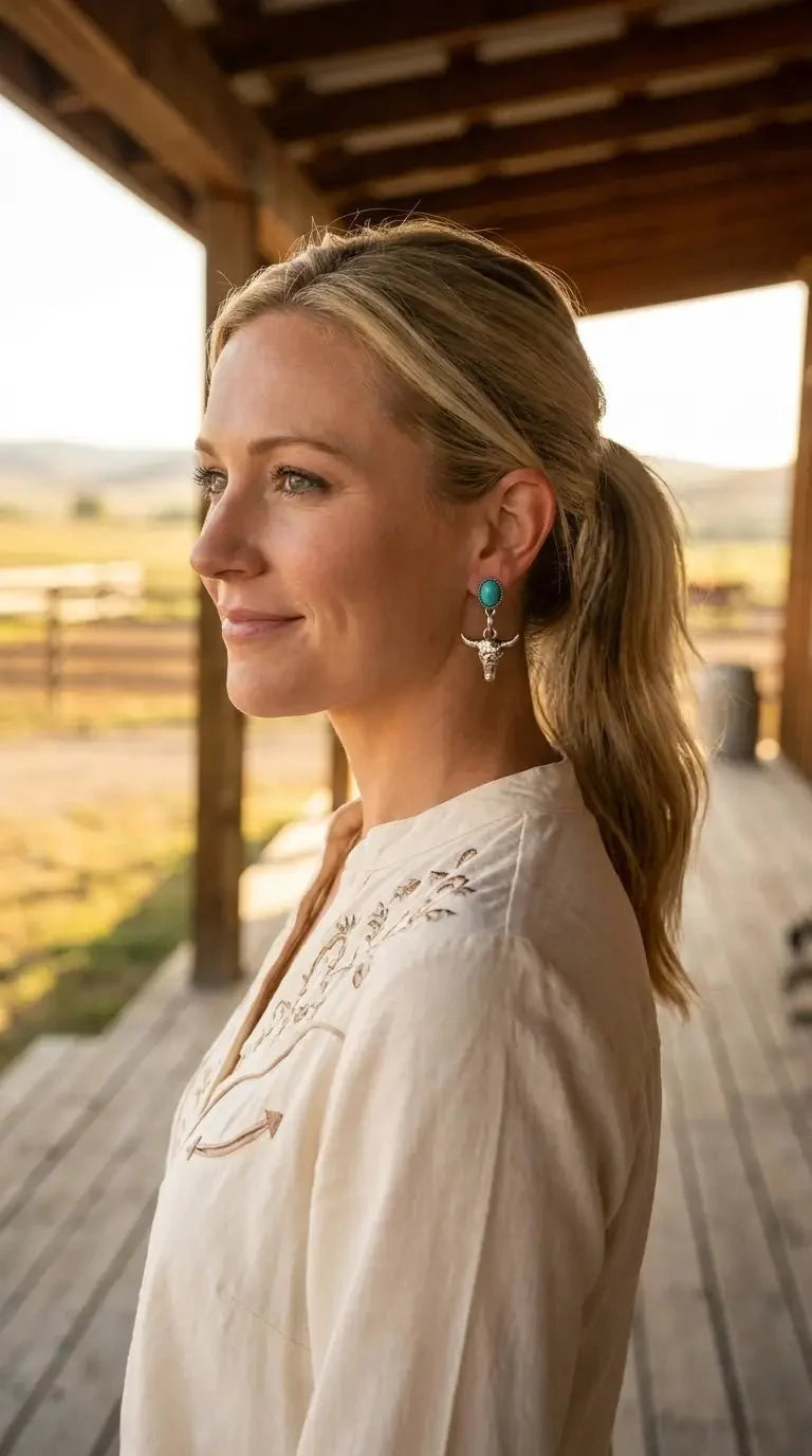 Western Bull Skull Dangle Earrings with Faux Turquoise — 1½" Drop