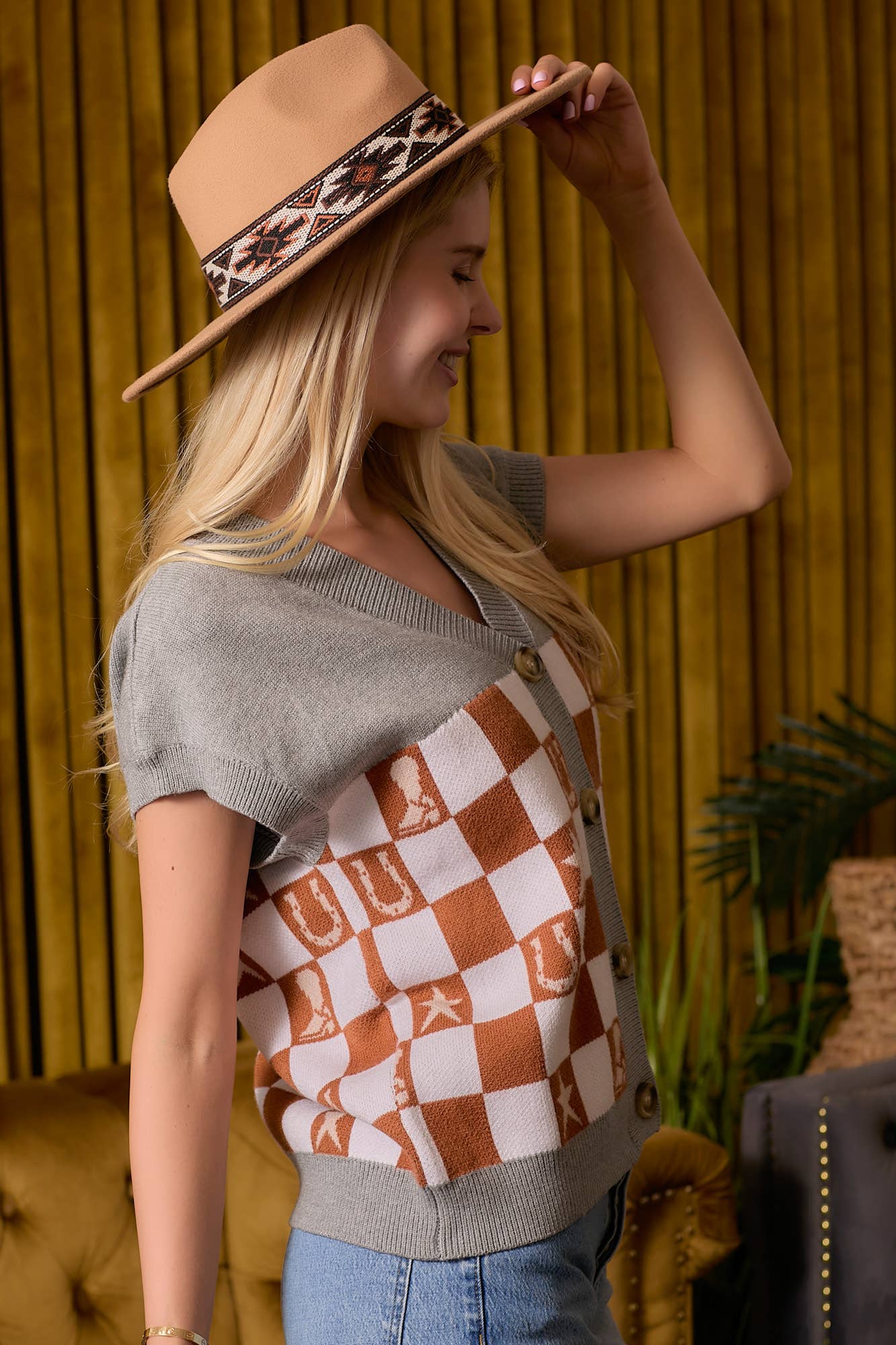 Western Checkered Sweater Vest - small remaining
