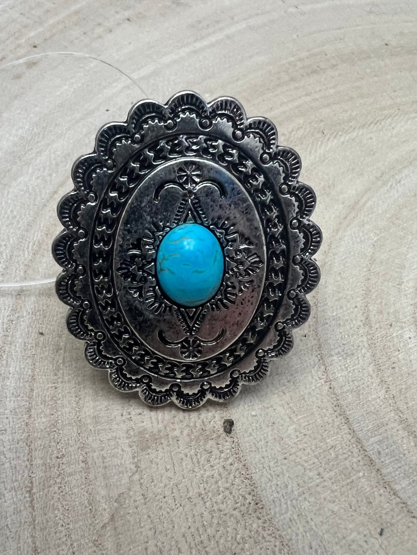 Western Concho & Faux Turquoise Stretch Statement Ring — 1.5" Bold Western Hand Statement