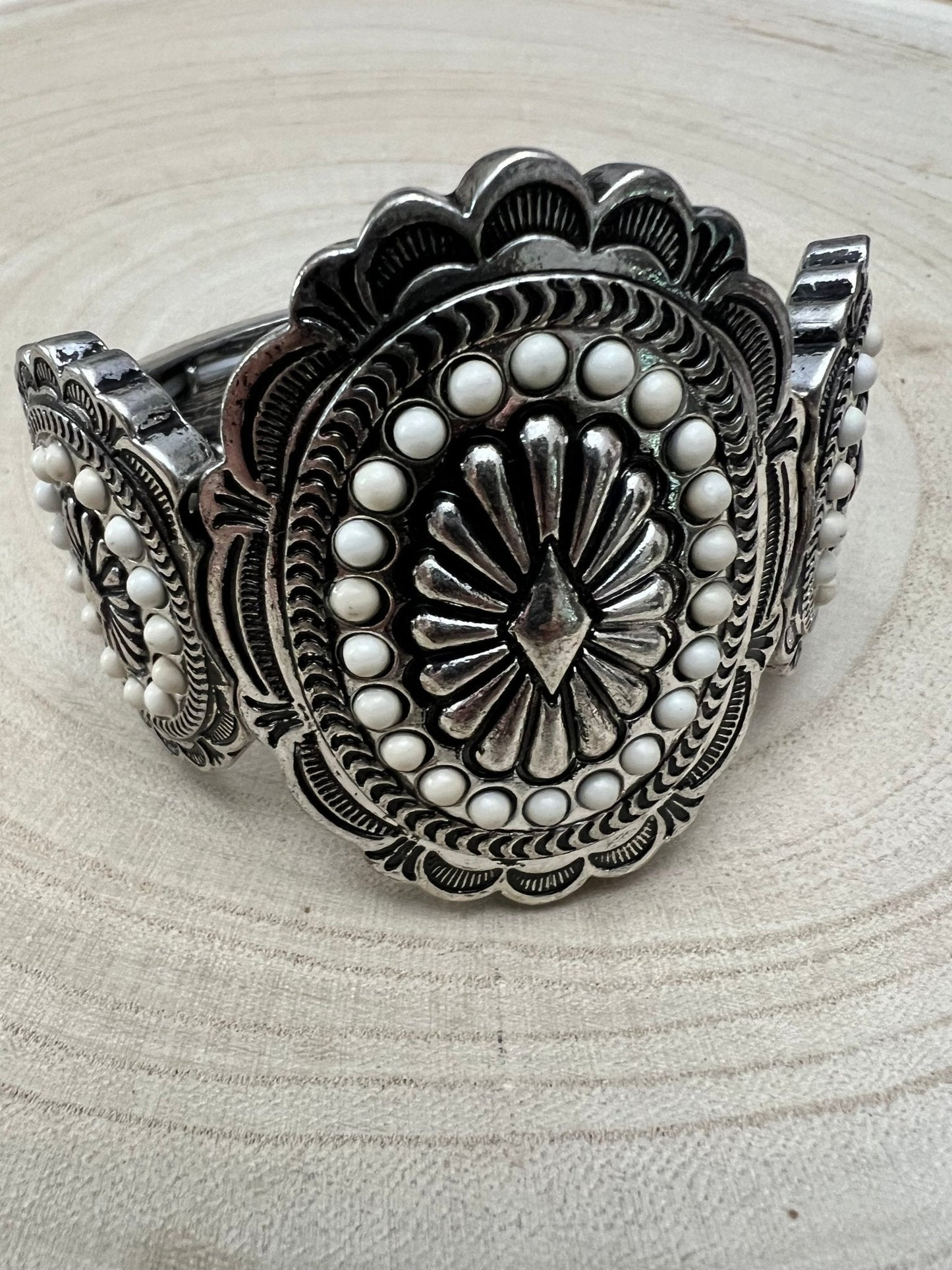Western Concho & White Stone Wide Statement Stretch Bracelet