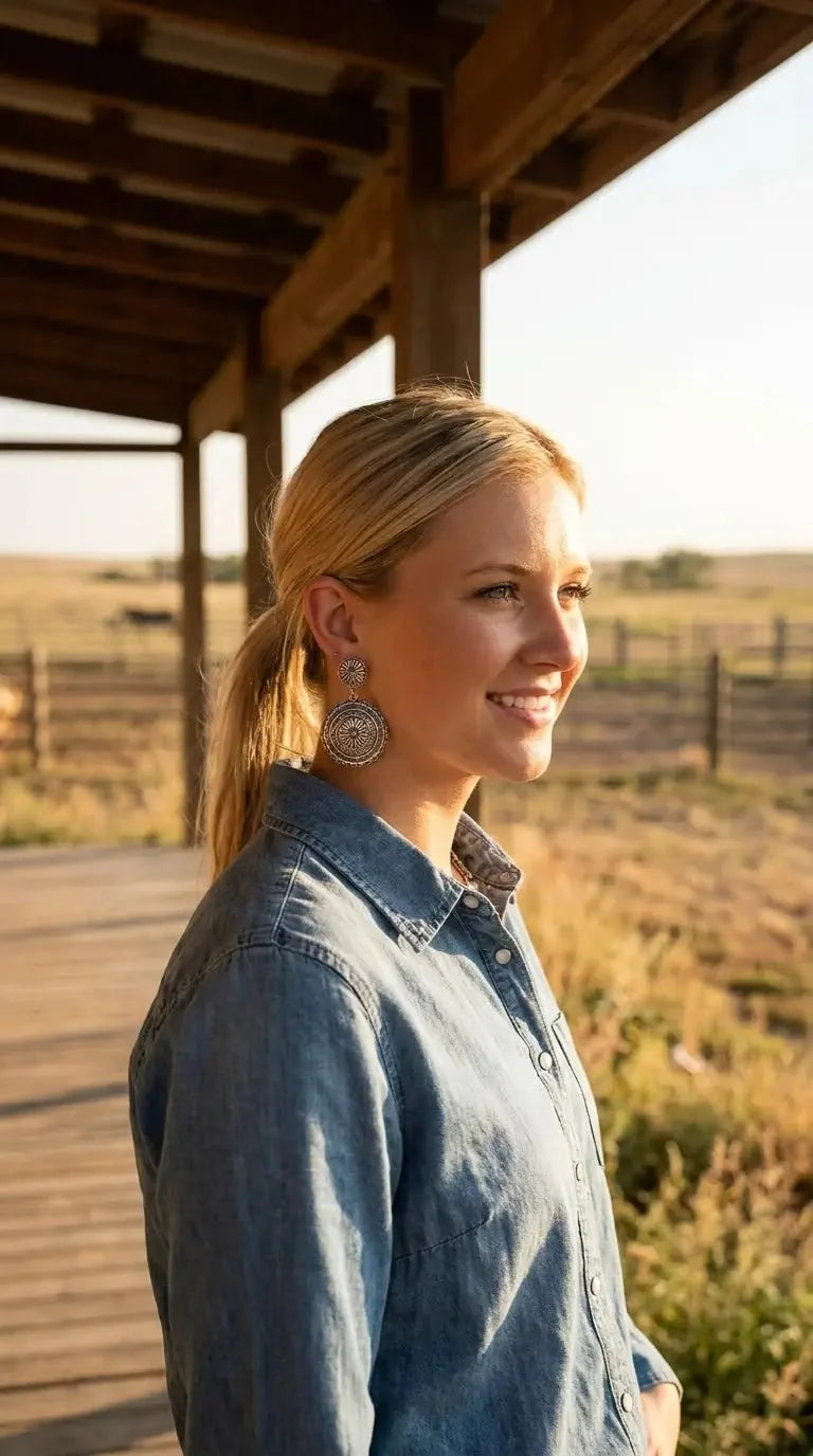 Western Concho Dangle Earrings with Faux Turquoise — 2½" Drop