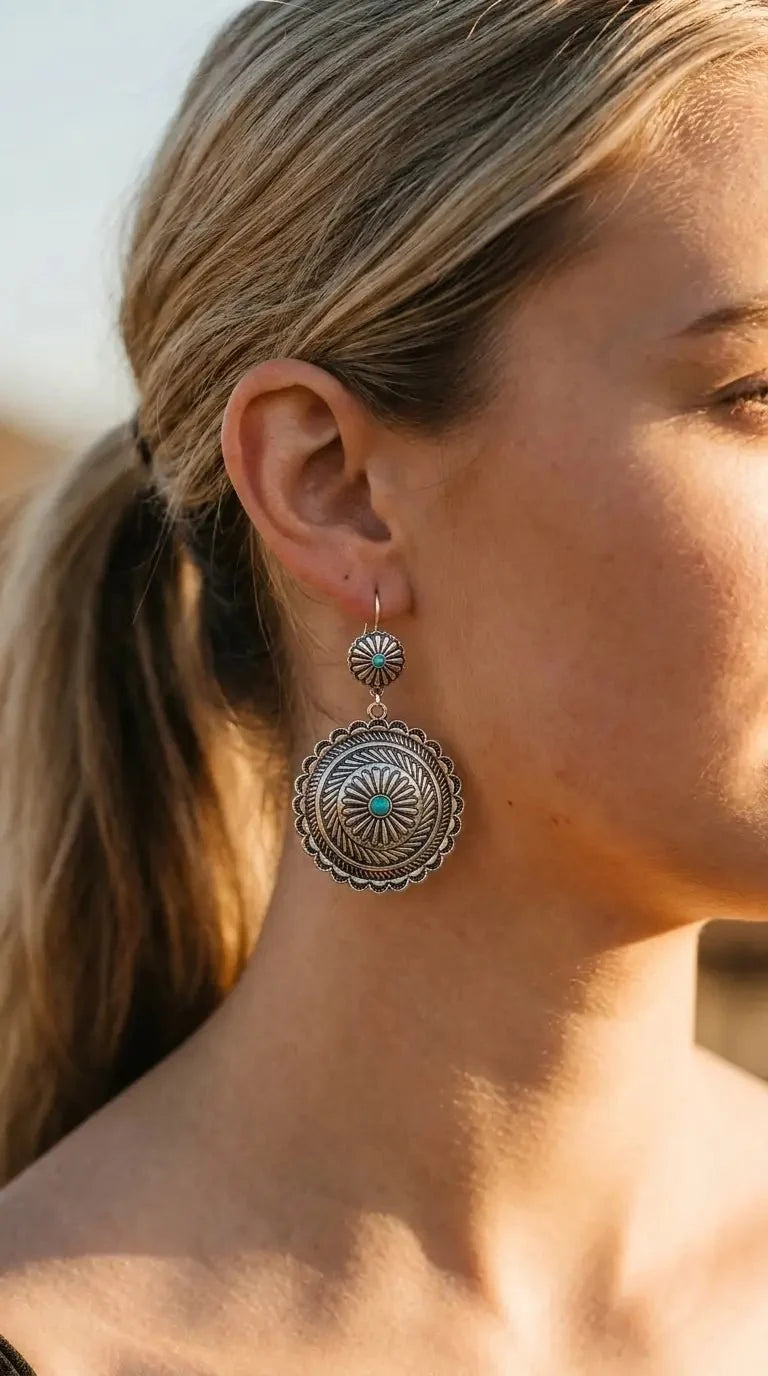 Western Concho Dangle Earrings with Faux Turquoise — 2½" Drop