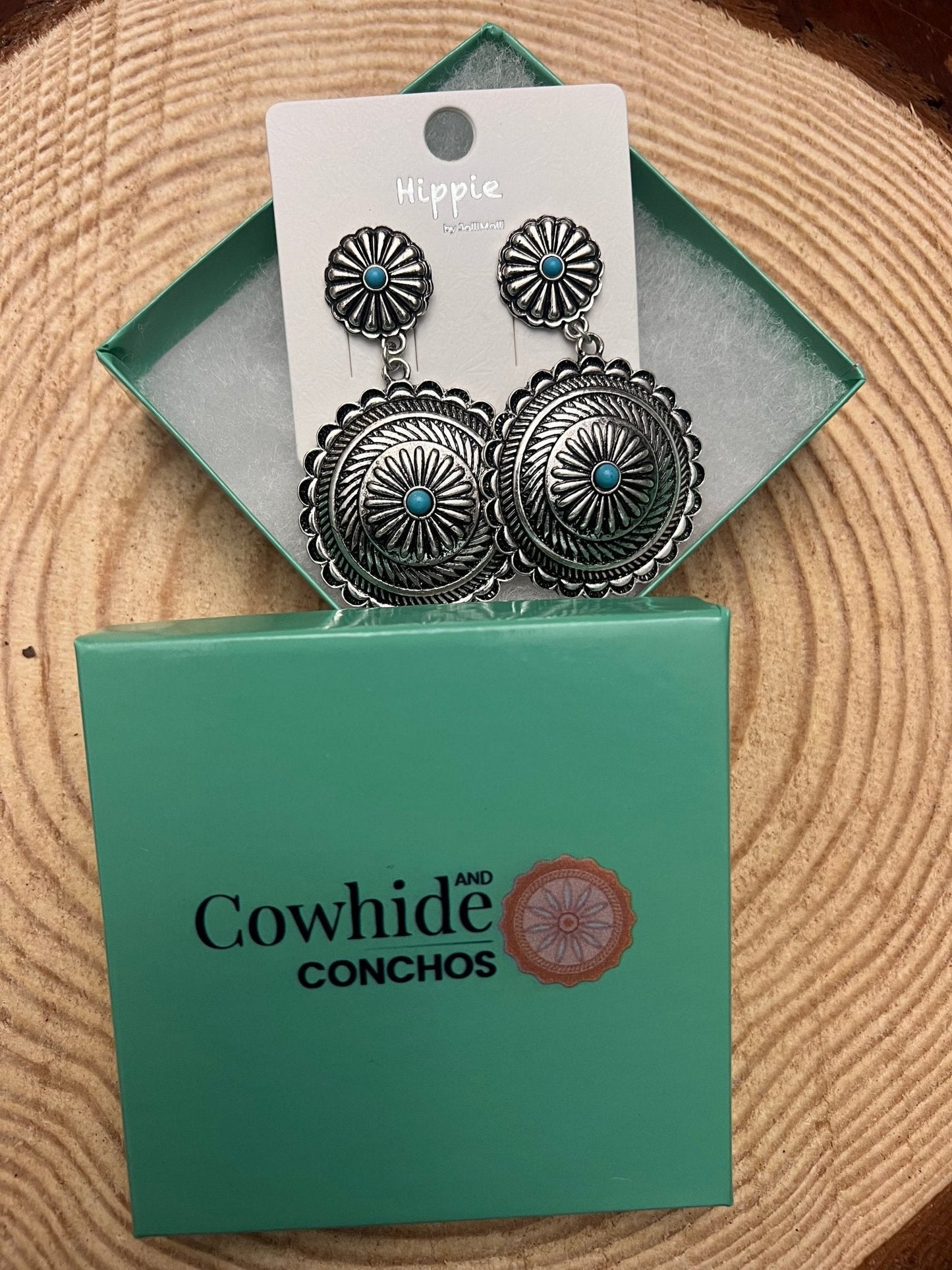 Western Concho Dangle Earrings with Faux Turquoise — 2½" Drop