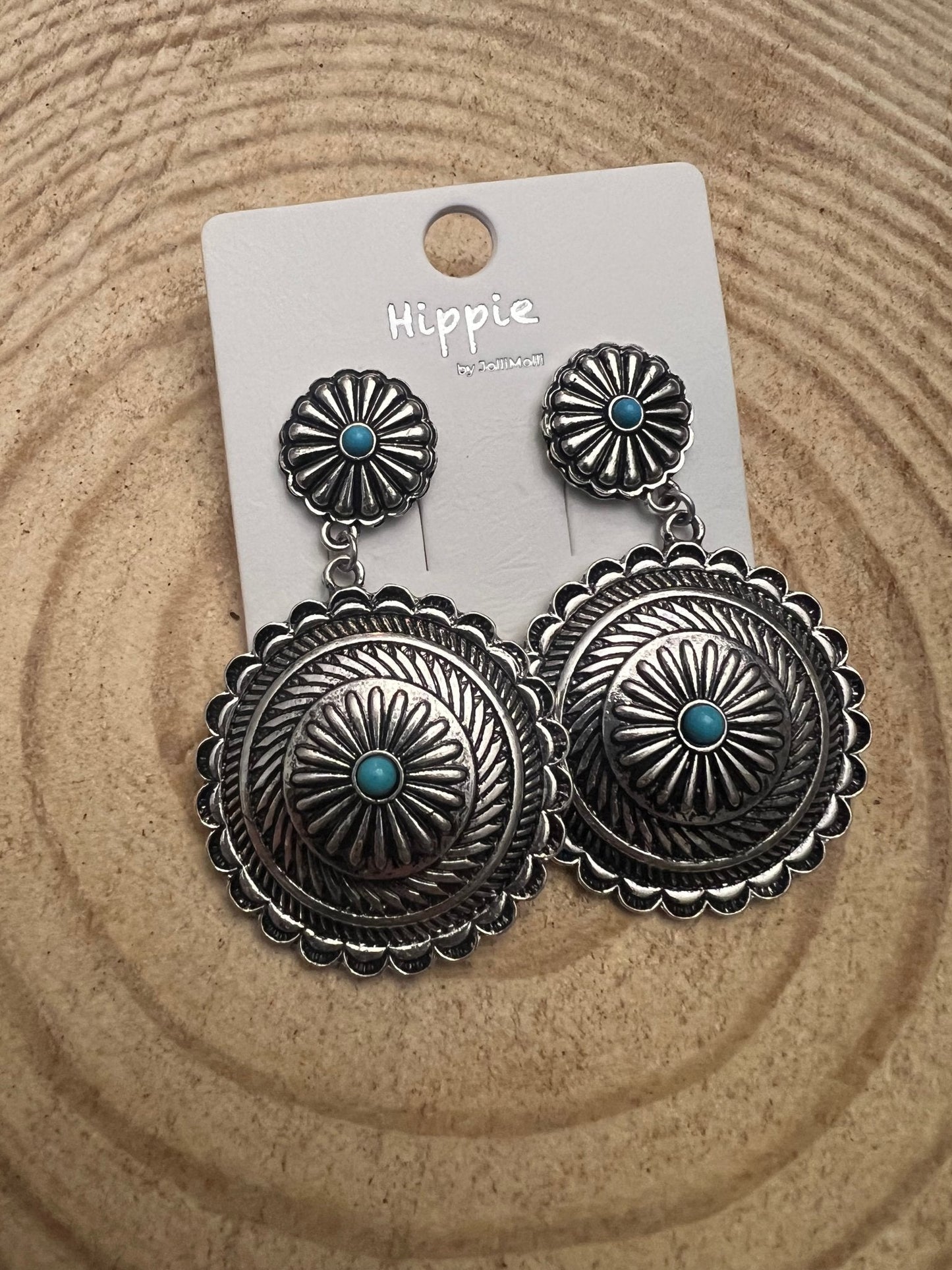 Western Concho Dangle Earrings with Faux Turquoise — 2½" Drop