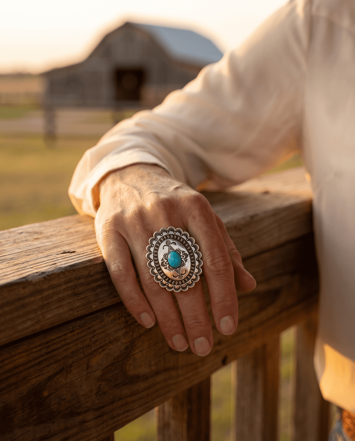 Western Concho & Faux Turquoise Stretch Statement Ring — 1.5" Bold Western Hand Statement