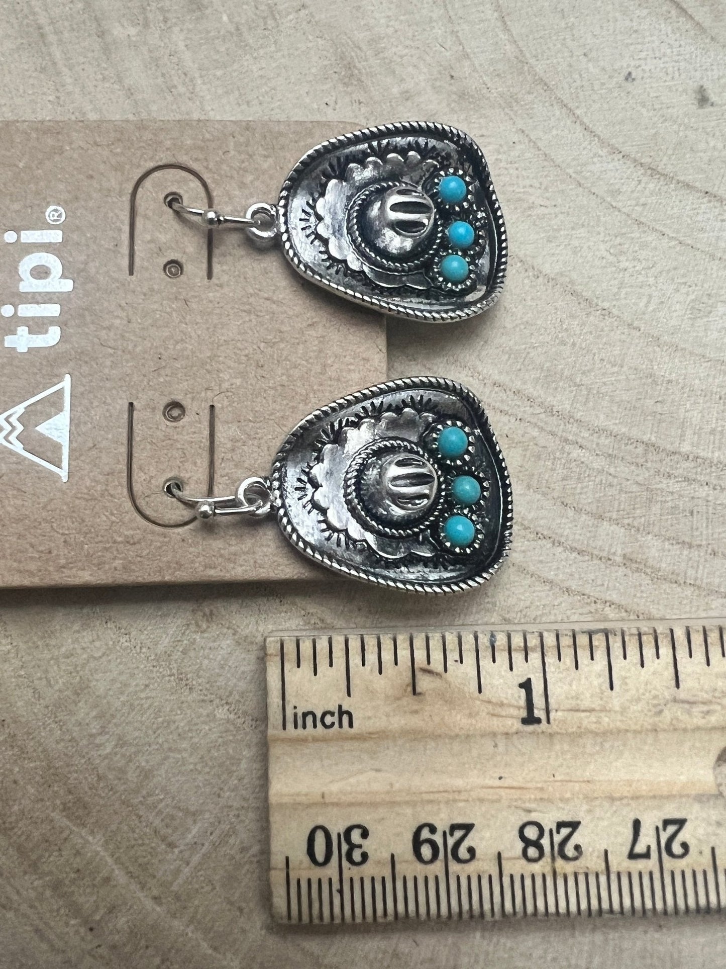 Western Cowboy Hat Dangle Earrings with Faux Turquoise — Oxidized Silver 1" Drop