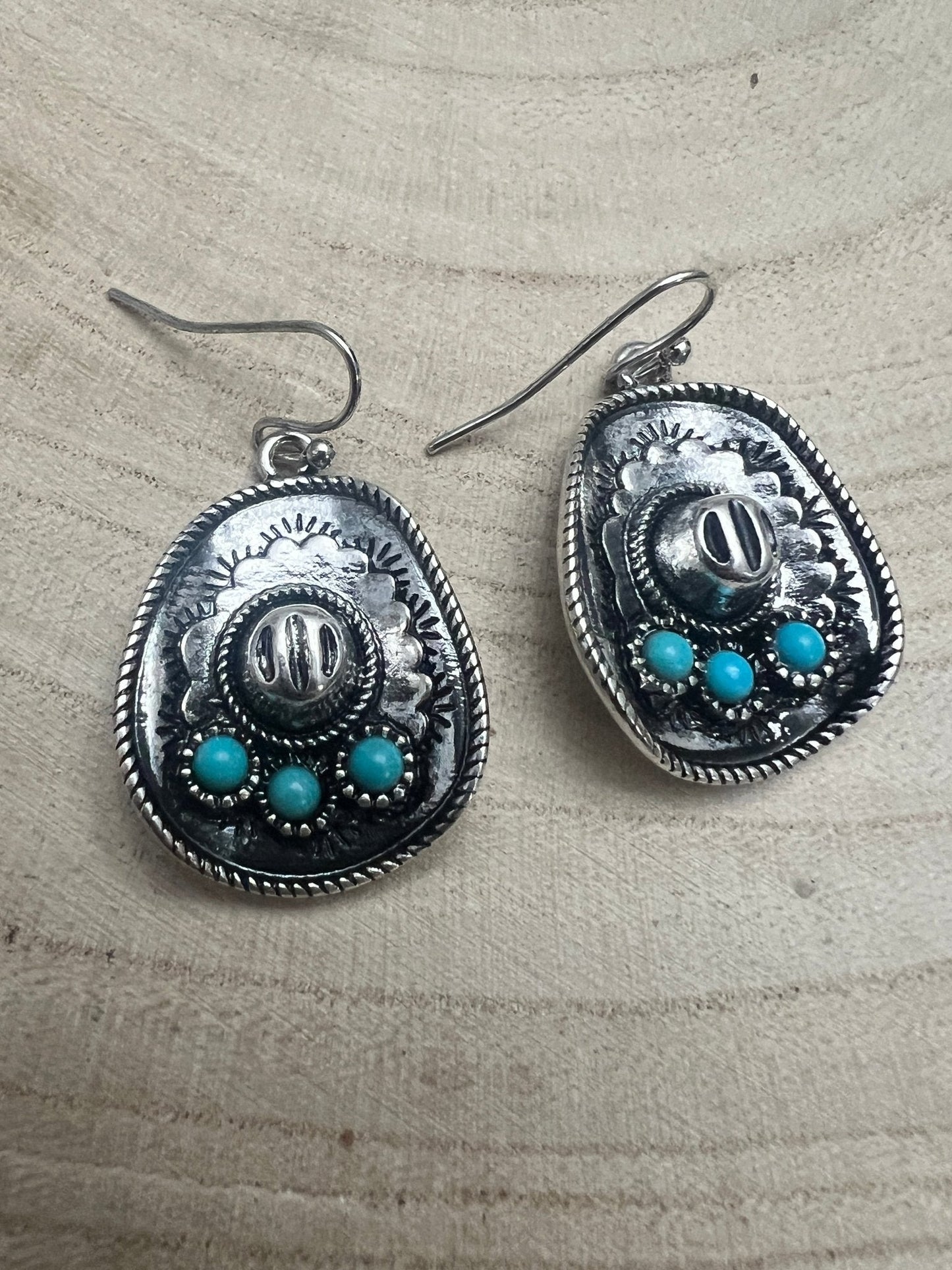 Western Cowboy Hat Dangle Earrings with Faux Turquoise — Oxidized Silver 1" Drop