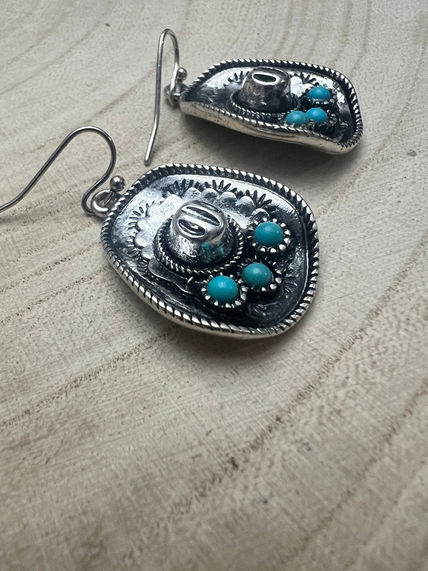Western Cowboy Hat Dangle Earrings with Faux Turquoise — Oxidized Silver 1" Drop