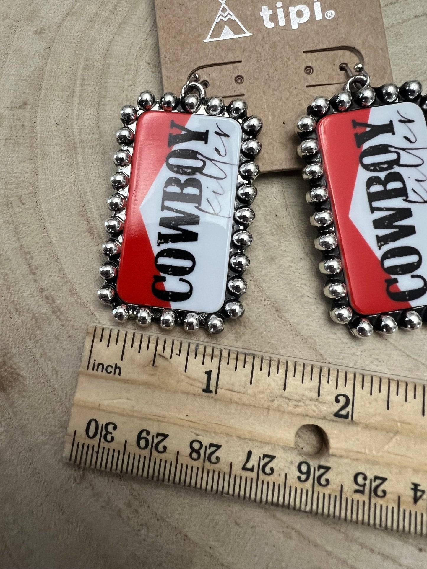 Western Cowboy Killer Rectangle Earrings — Red & White Western Statement