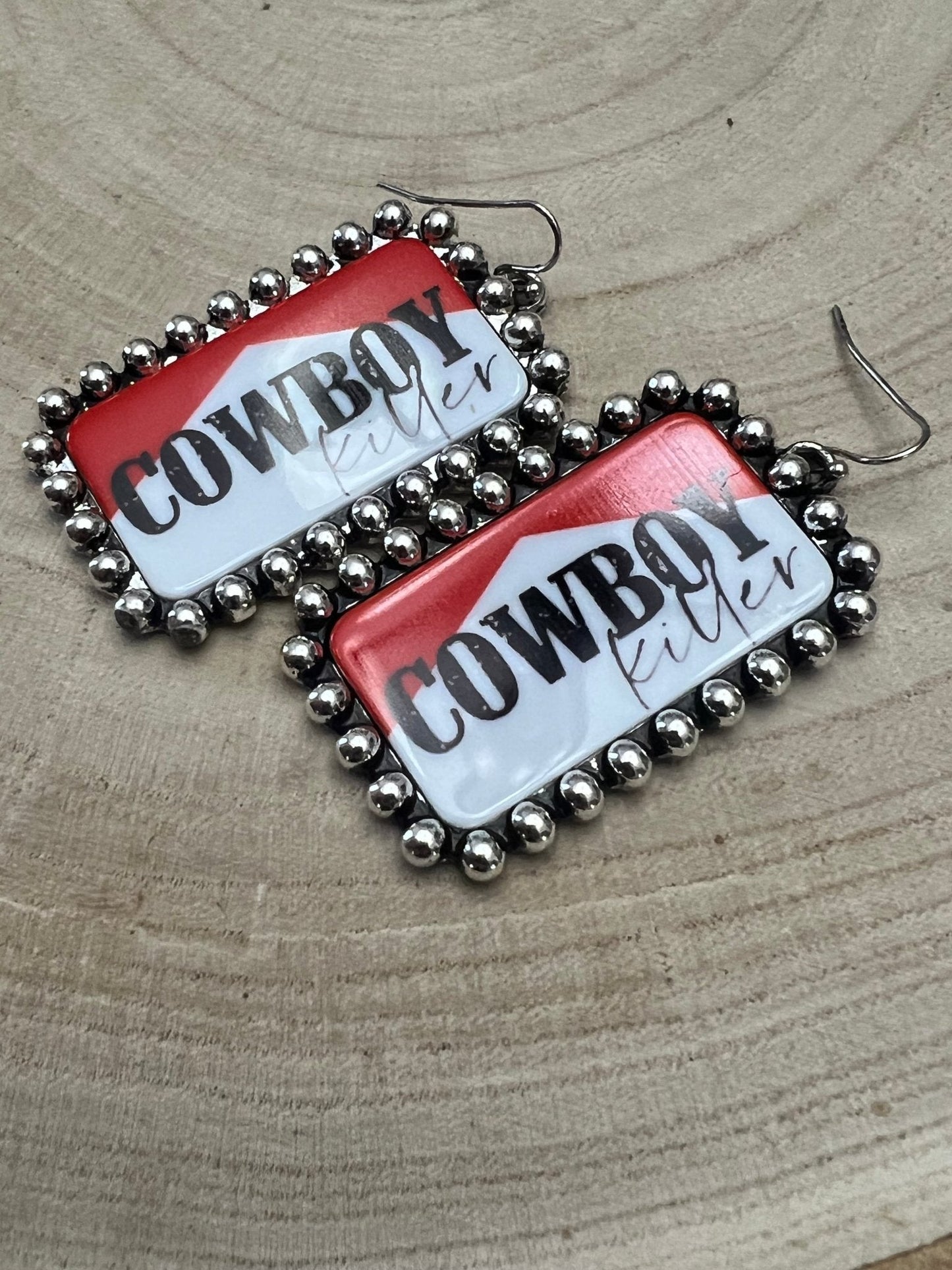 Western Cowboy Killer Rectangle Earrings — Red & White Western Statement