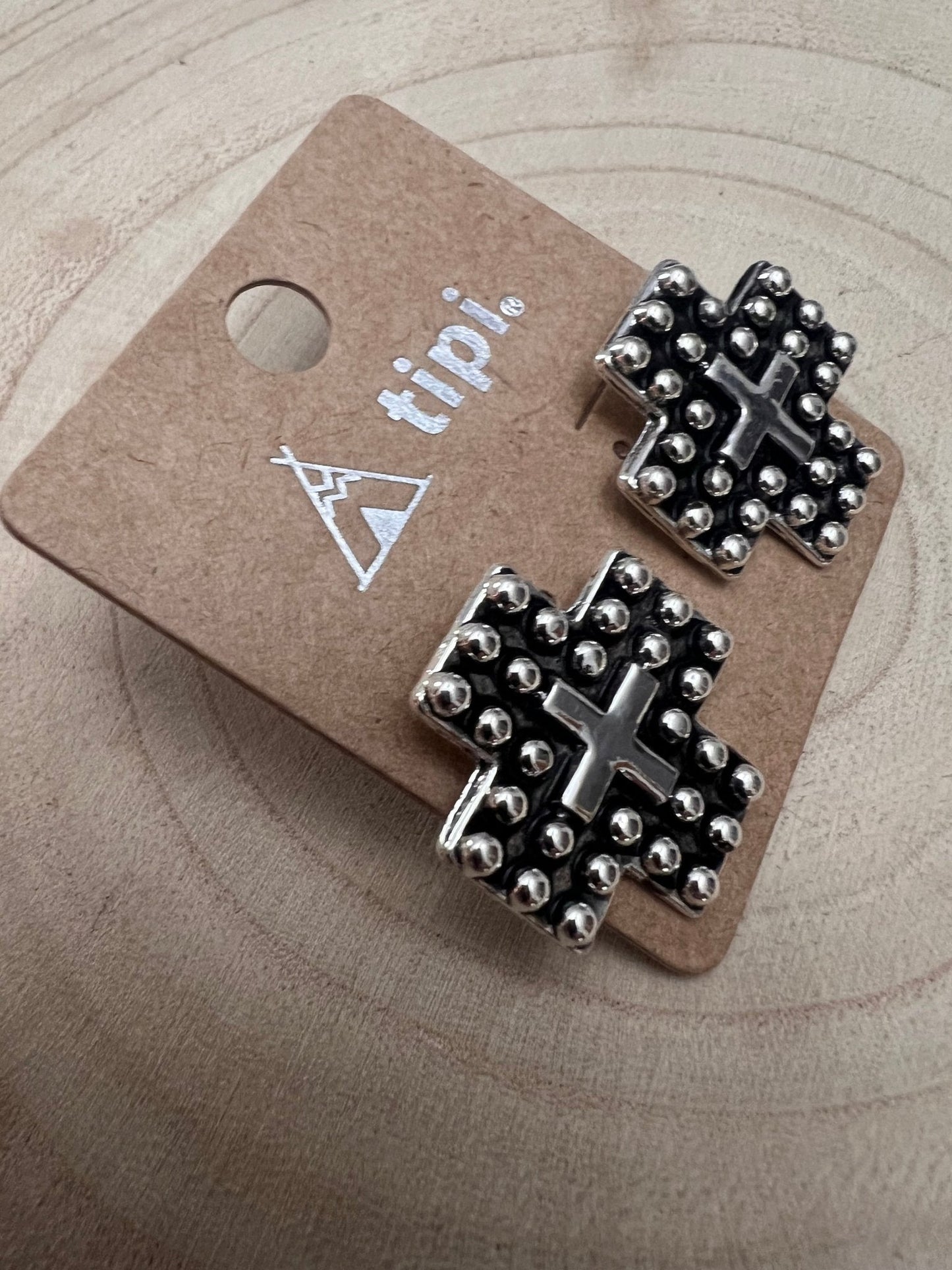 Western Cross Metal Stud Earrings — Antique Silver Faith Statement