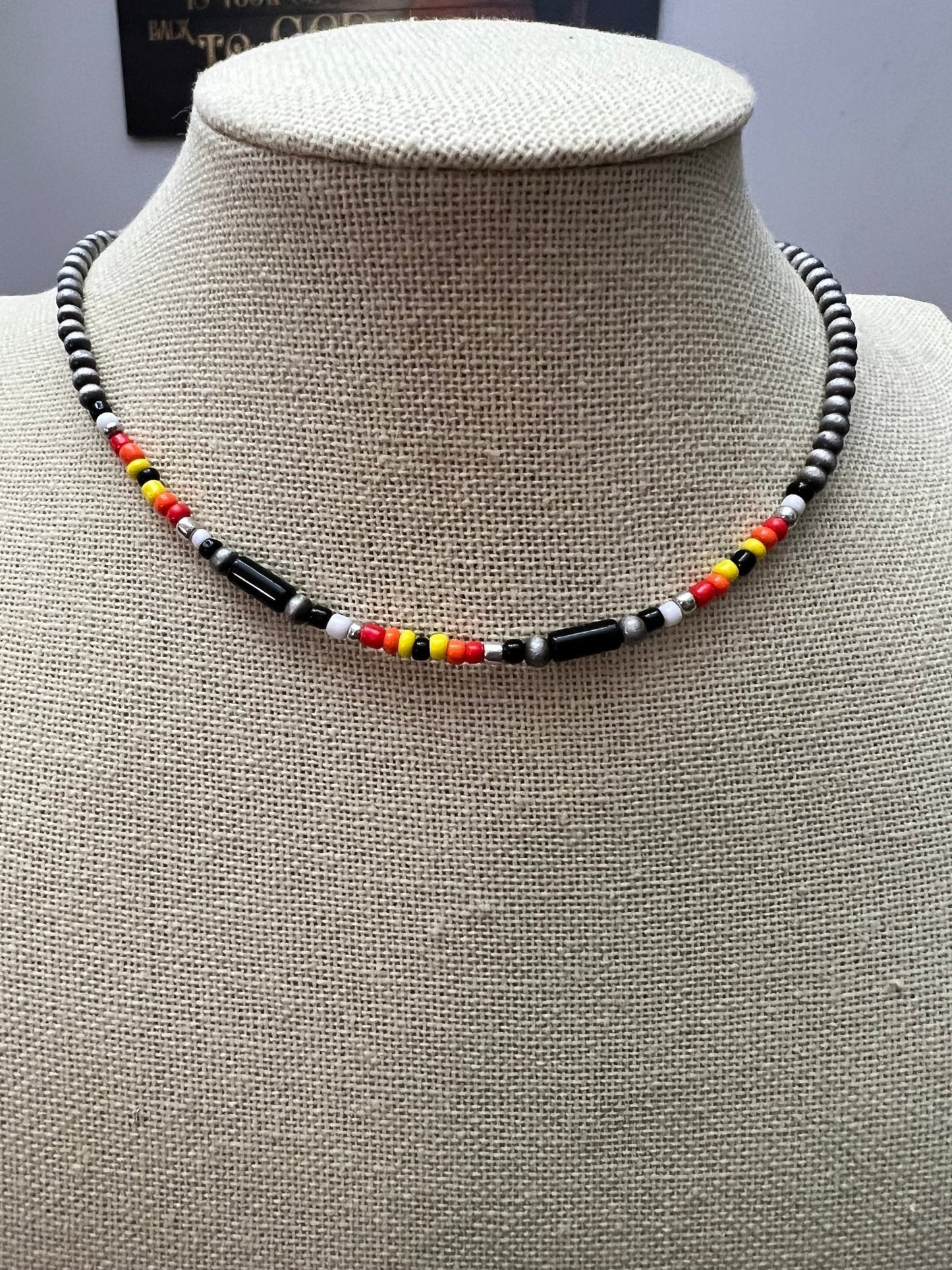 Western Cylinder Seed Bead Choker with Faux Silver Pearls — Multicolor 15 Inch with Extender