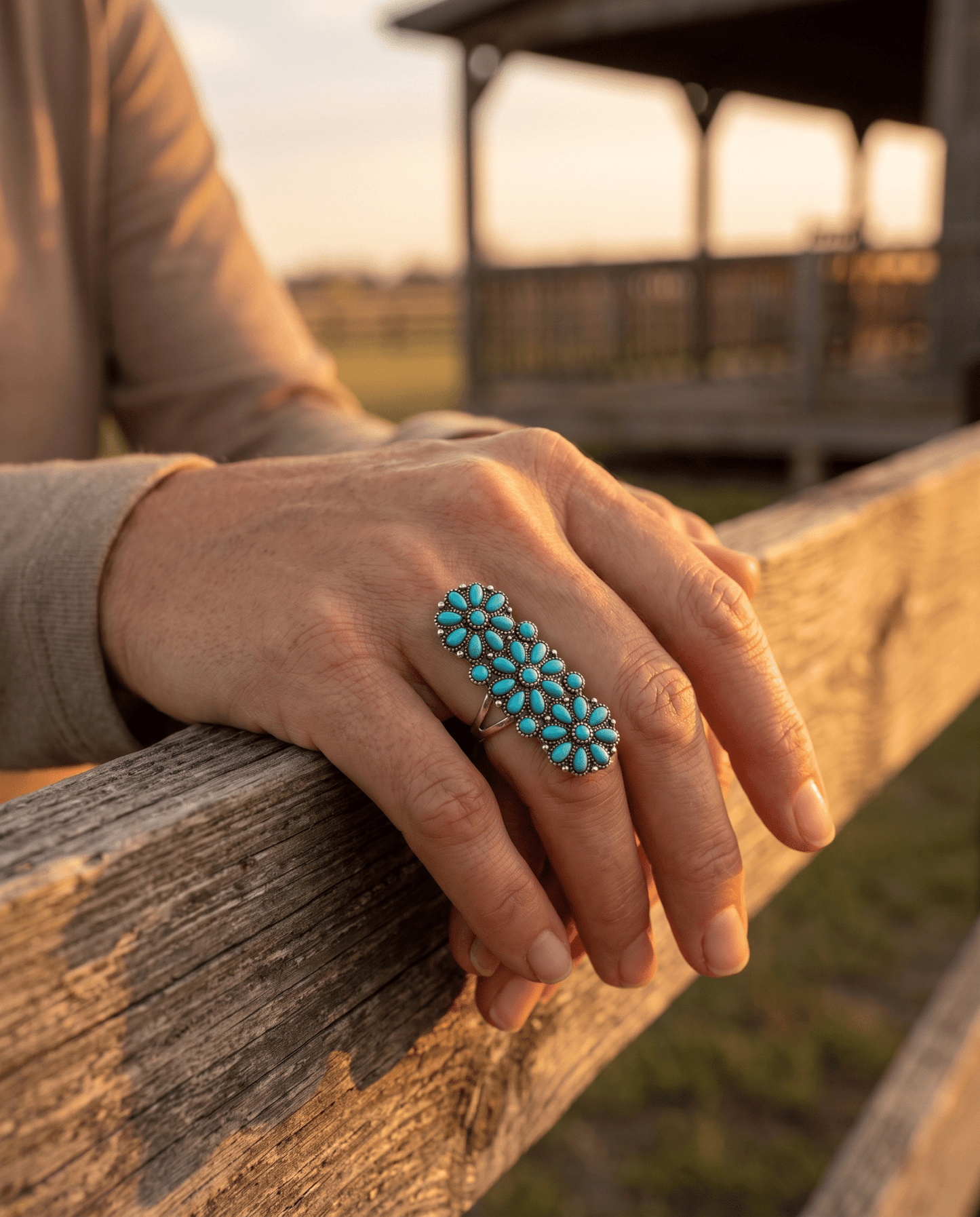 Western Desert Bloom Cluster Adjustable Ring — Faux Turquoise Hand Statement