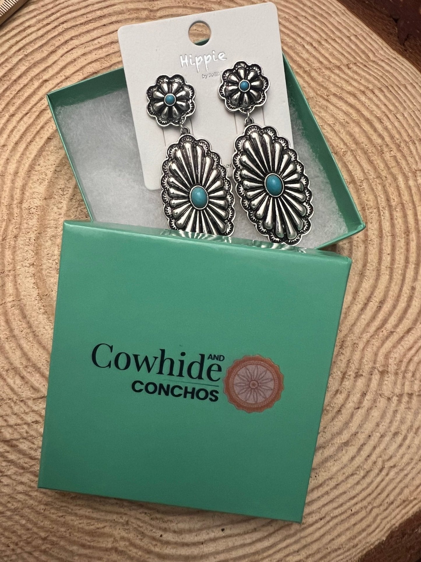 Western Double Concho Earrings with Faux Turquoise — Bold 3" Drop
