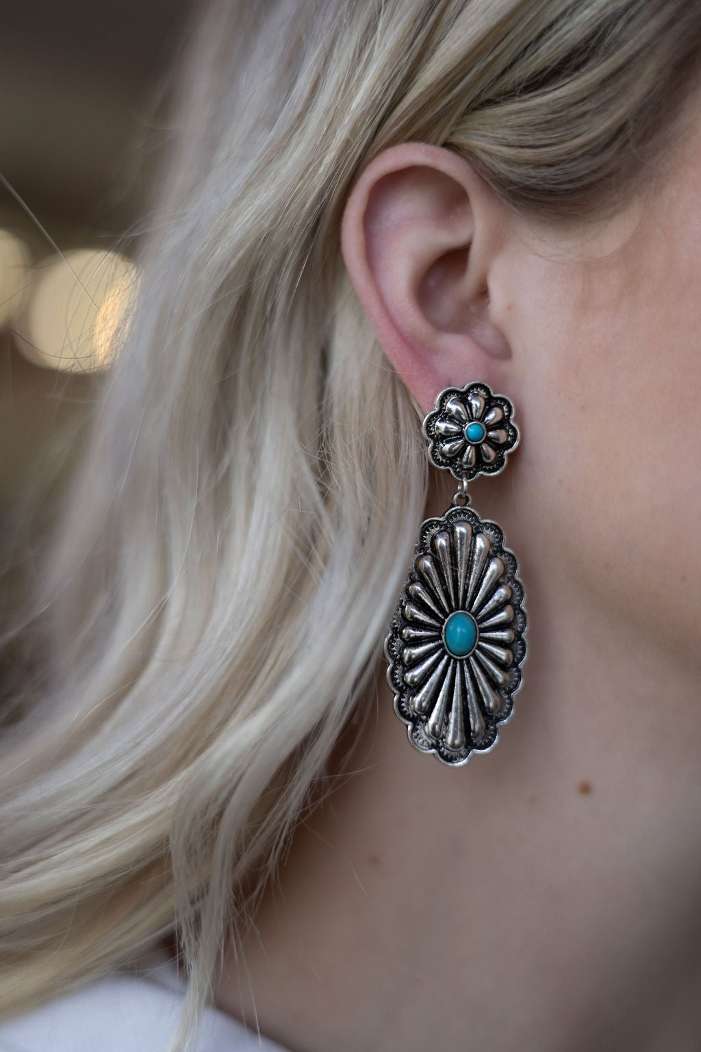 Western Double Concho Earrings with Faux Turquoise — Bold 3" Drop