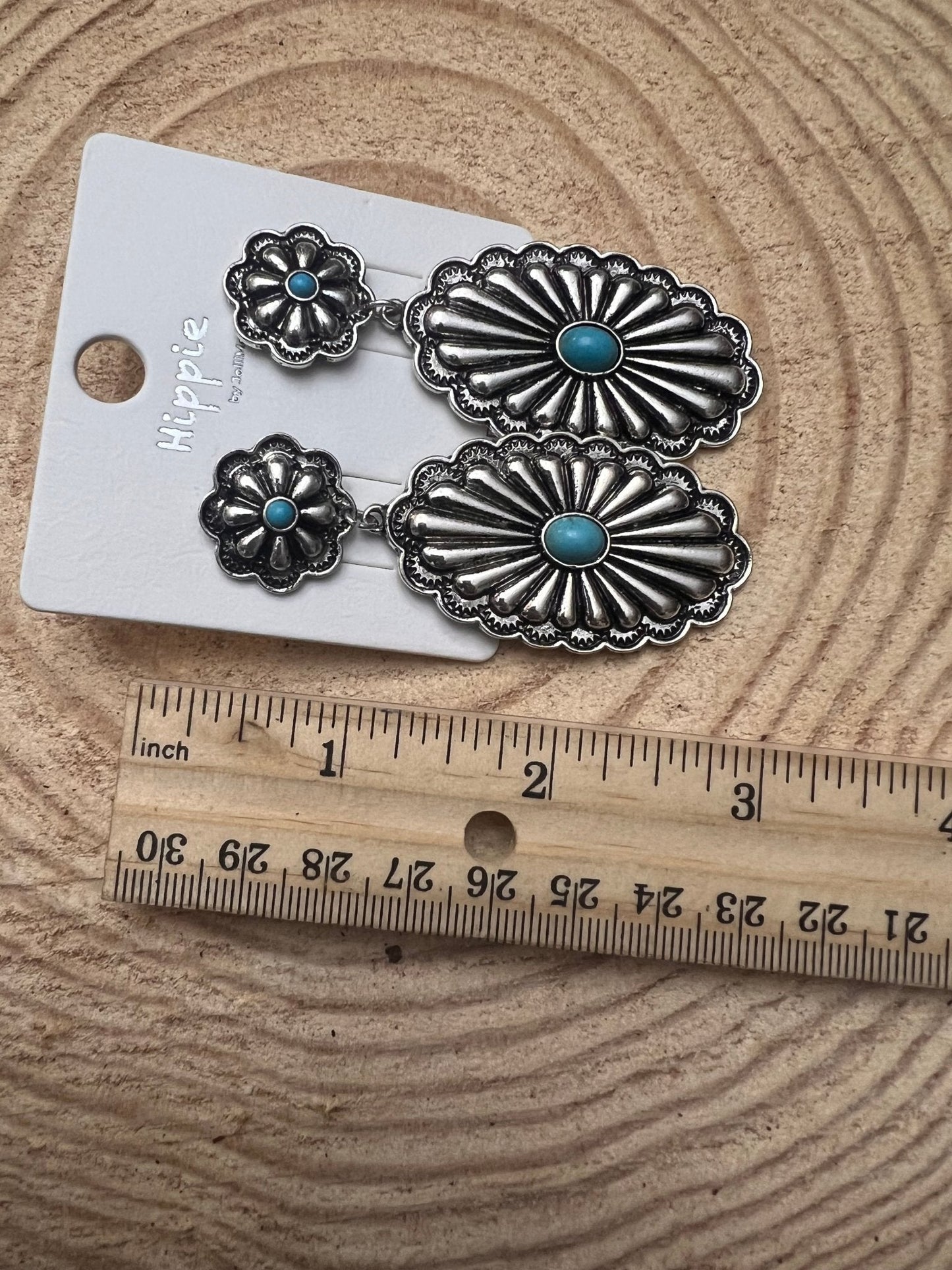 Western Double Concho Earrings with Faux Turquoise — Bold 3" Drop