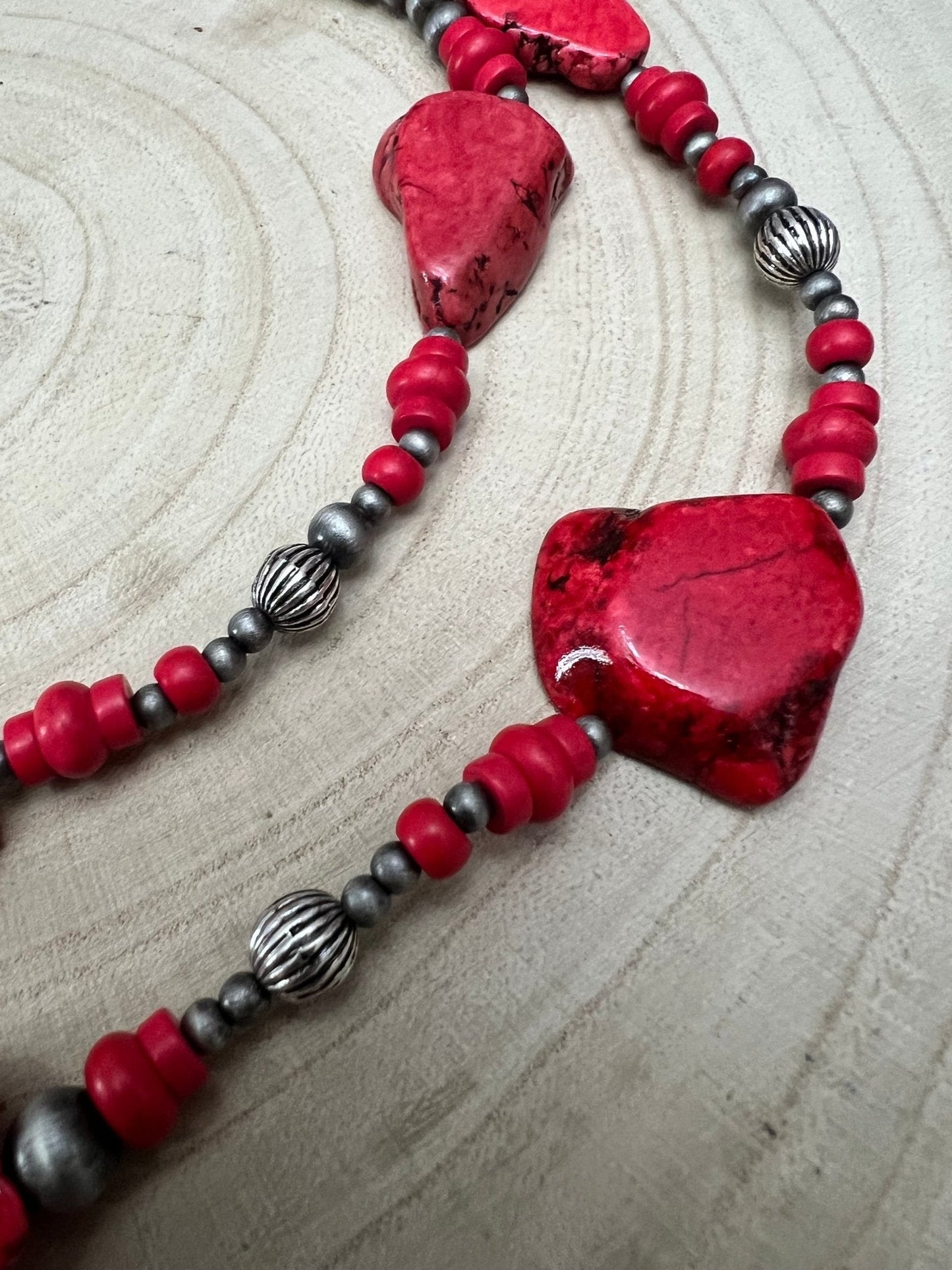 Western Faux Pearl Statement Necklace with Red Stone Centerpiece — 32 Inch Statement