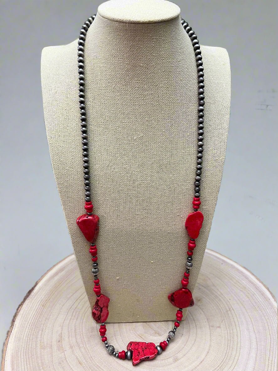 Western Faux Pearl Statement Necklace with Red Stone Centerpiece — 32 Inch Statement