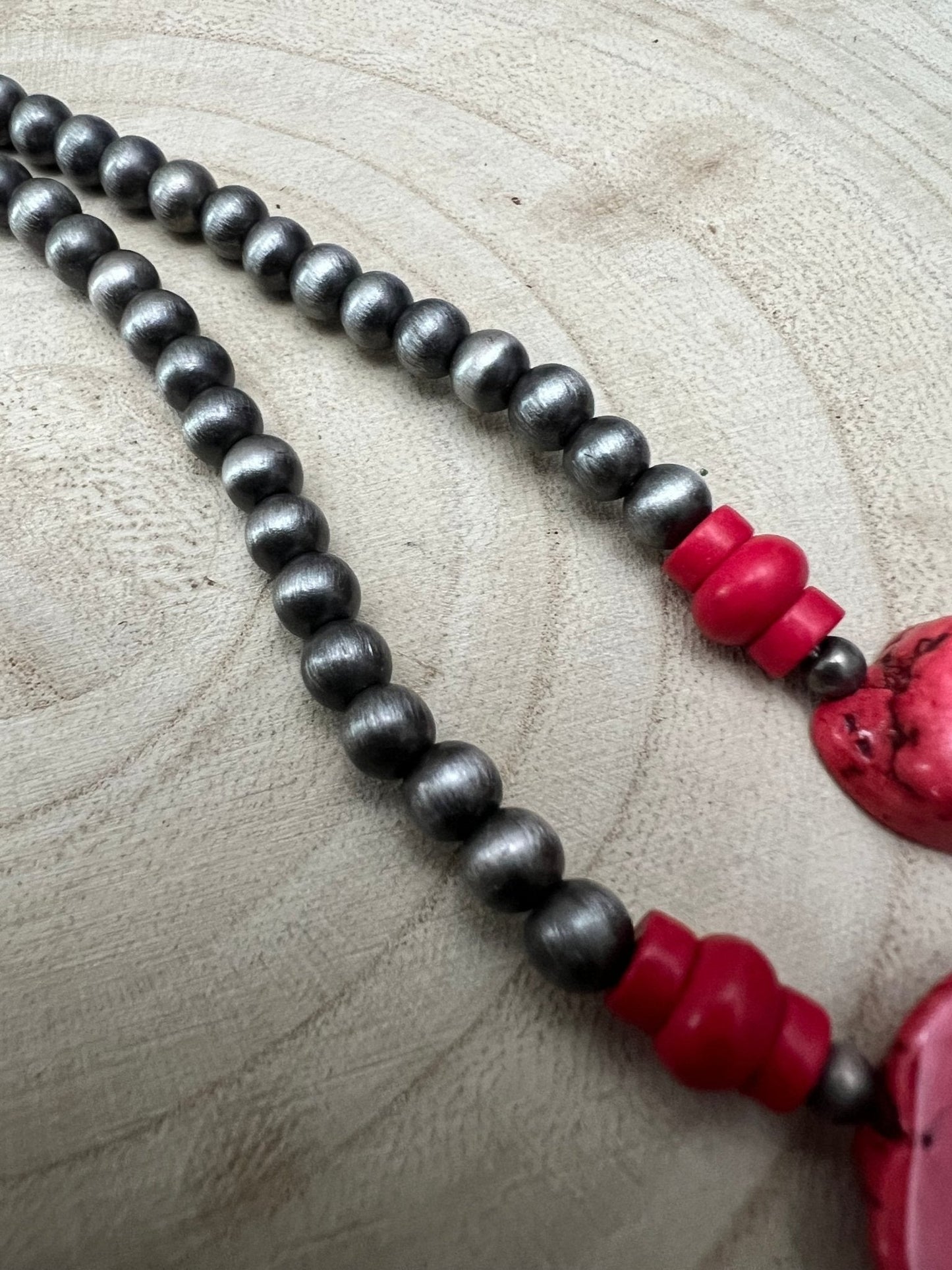 Western Faux Pearl Statement Necklace with Red Stone Centerpiece — 32 Inch Statement