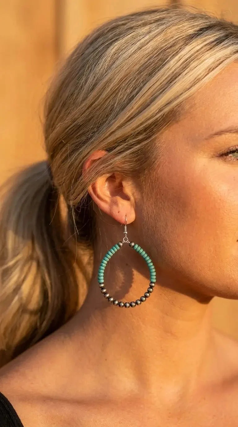 Western Faux Pearl & Turquoise Hoop Earrings with Disc Detail — 2½" Drop