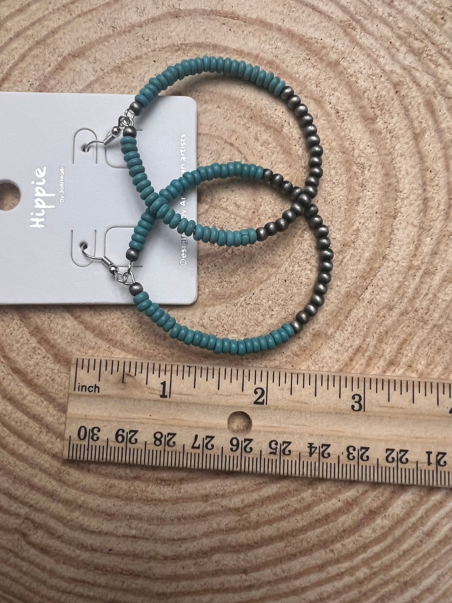 Western Faux Pearl & Turquoise Hoop Earrings with Disc Detail — 2½" Drop