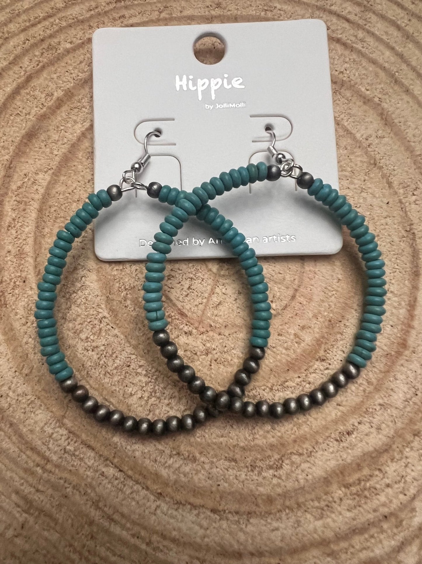 Western Faux Pearl & Turquoise Hoop Earrings with Disc Detail — 2½" Drop