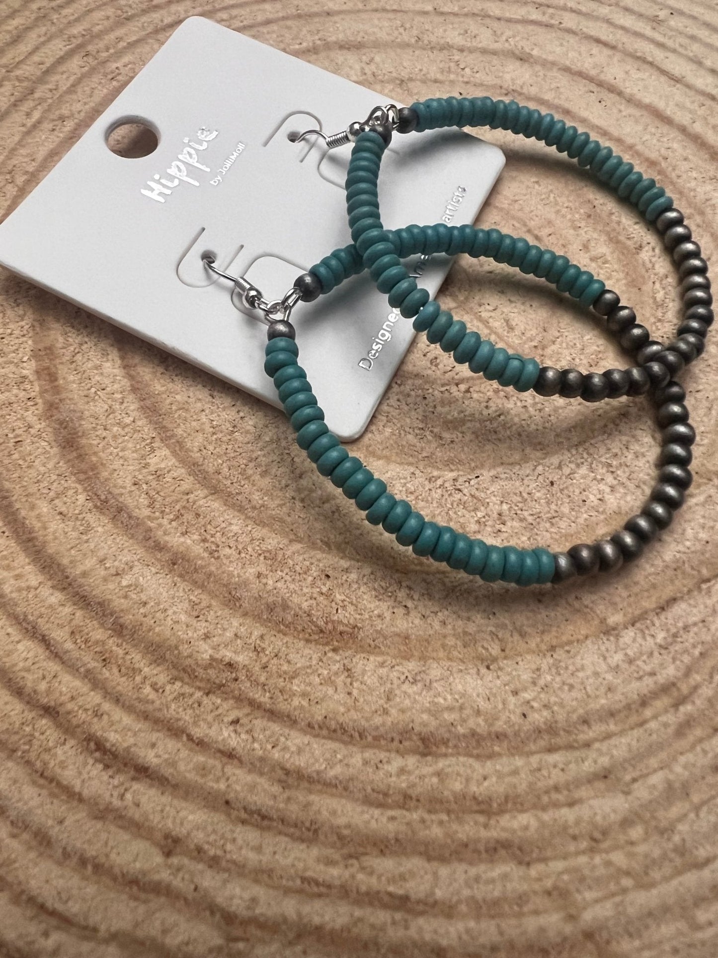 Western Faux Pearl & Turquoise Hoop Earrings with Disc Detail — 2½" Drop