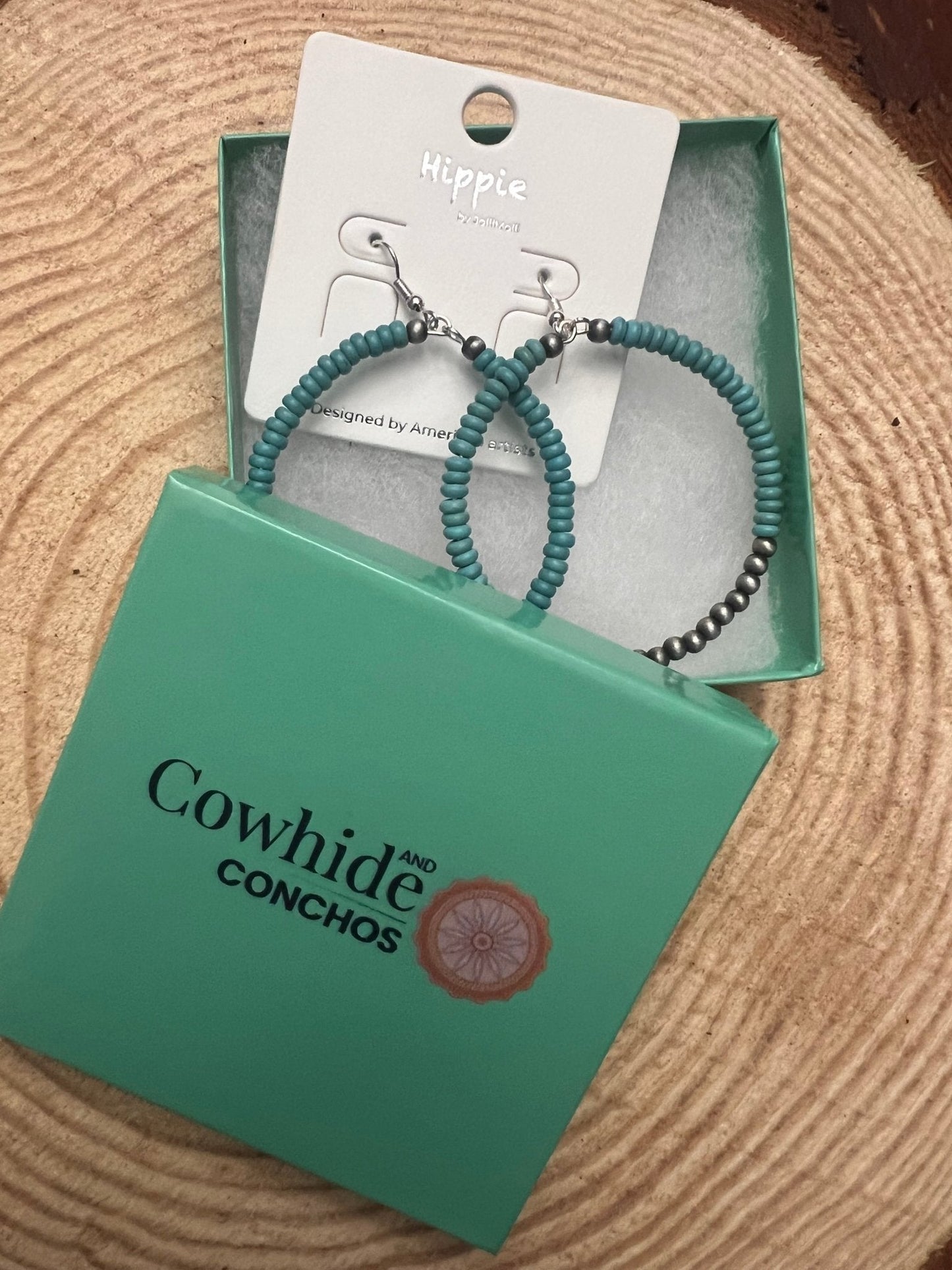Western Faux Pearl & Turquoise Hoop Earrings with Disc Detail — 2½" Drop