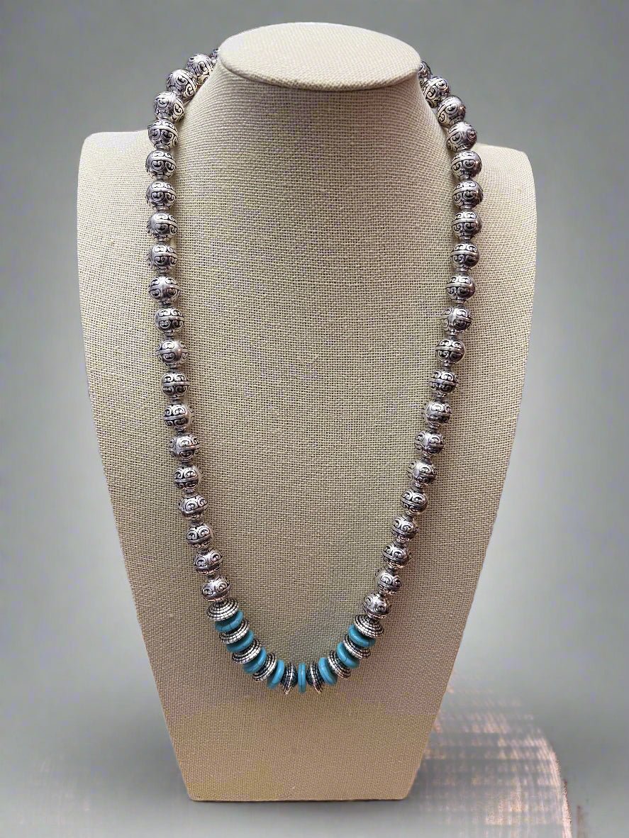 Western Faux Stamped Sterling Pearl Necklace with Saucers & Turquoise — 24 Inch