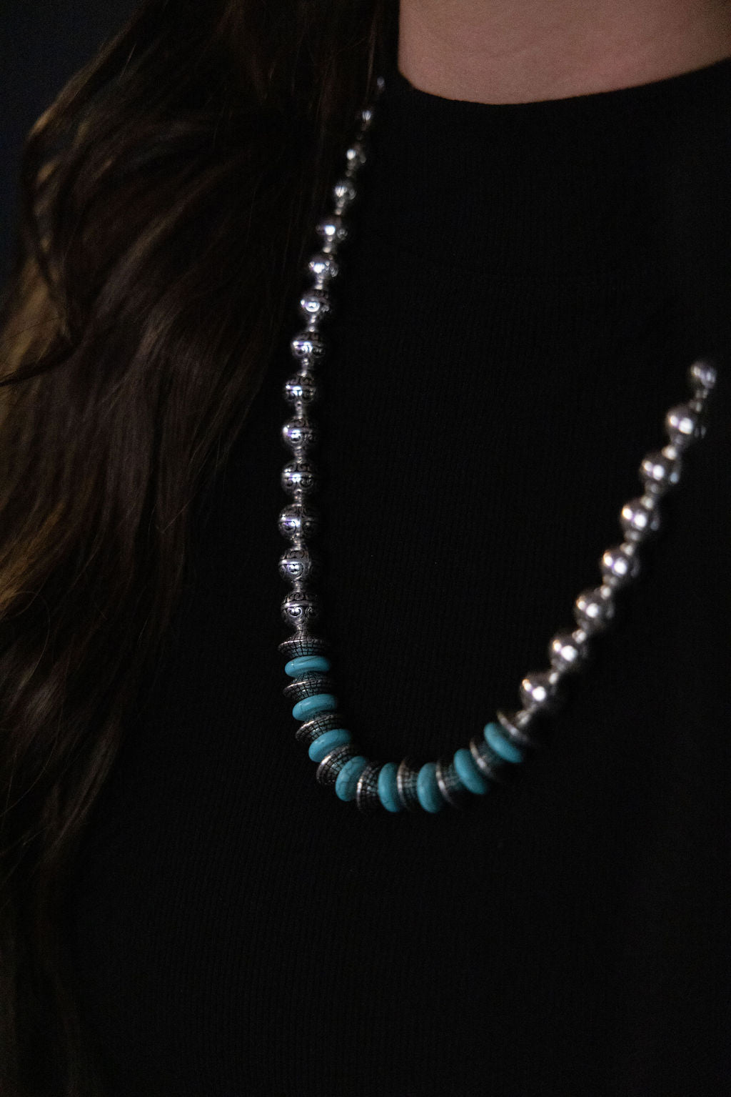 Western Faux Stamped Sterling Pearl Necklace with Saucers & Turquoise — 24 Inch
