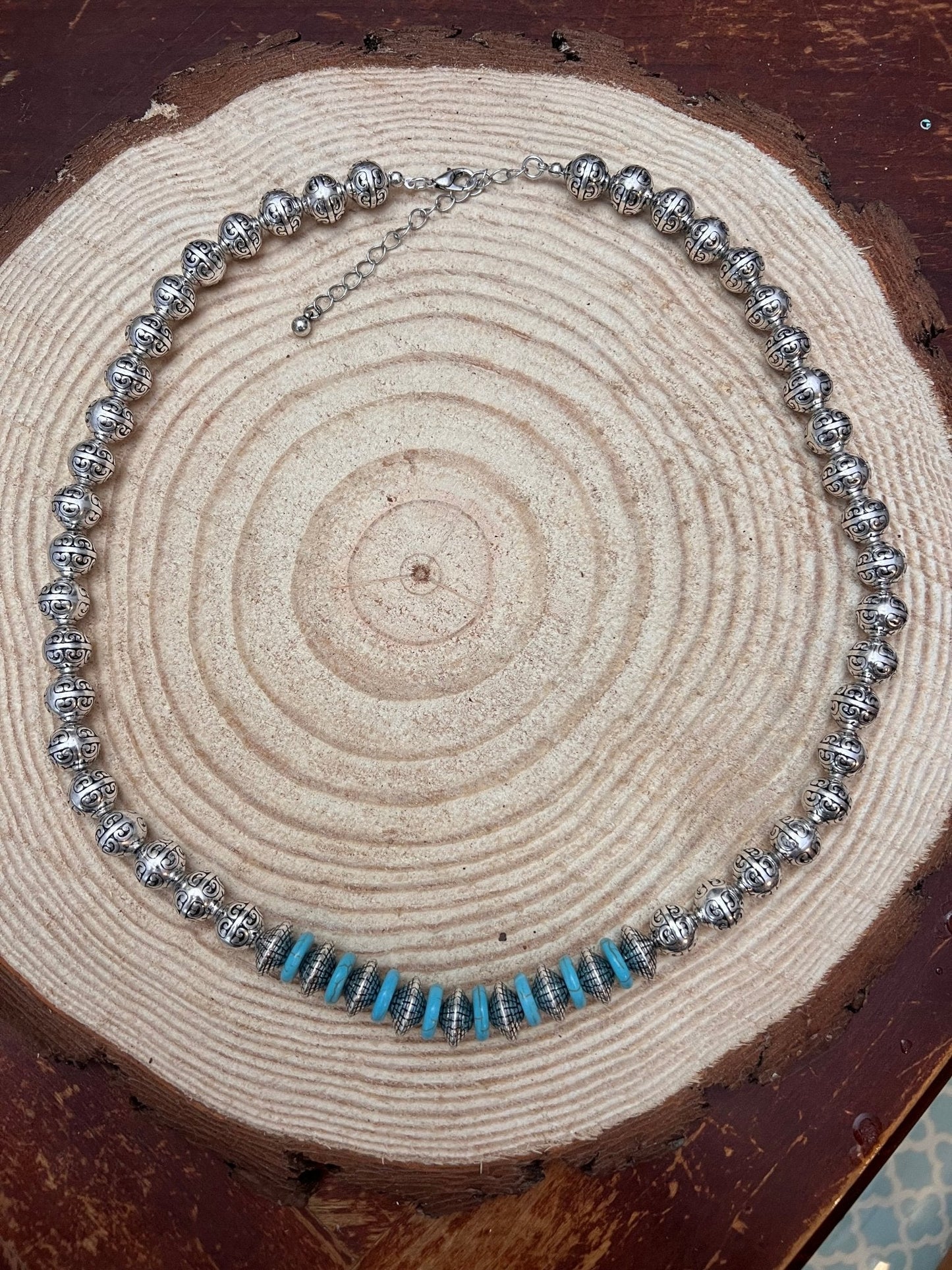 Western Faux Stamped Sterling Pearl Necklace with Saucers & Turquoise — 24 Inch