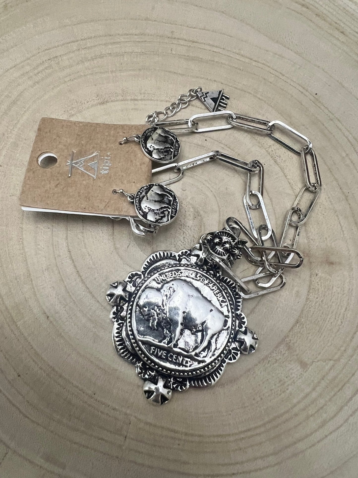 Western Statement Buffalo Coin Necklace & Earring Set — 2.5" Oversized Pendant (18 Inch)