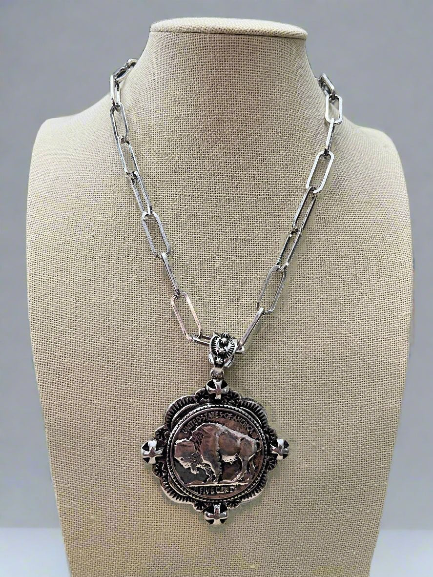 Western Statement Buffalo Coin Necklace & Earring Set — 2.5" Oversized Pendant (18 Inch)
