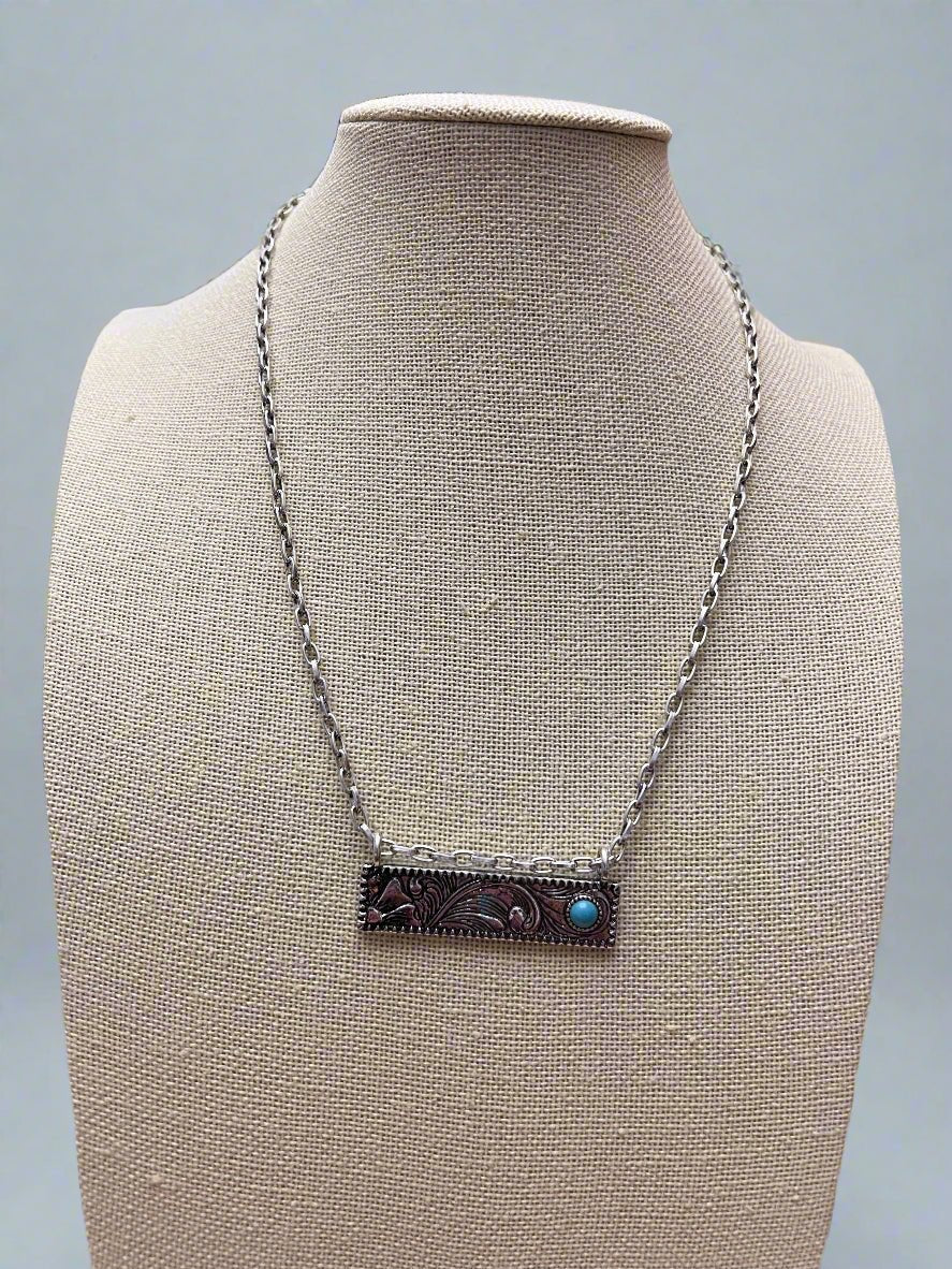 Western Faux Tooled Bar Necklace with Faux Turquoise — 18 Inch with Extender
