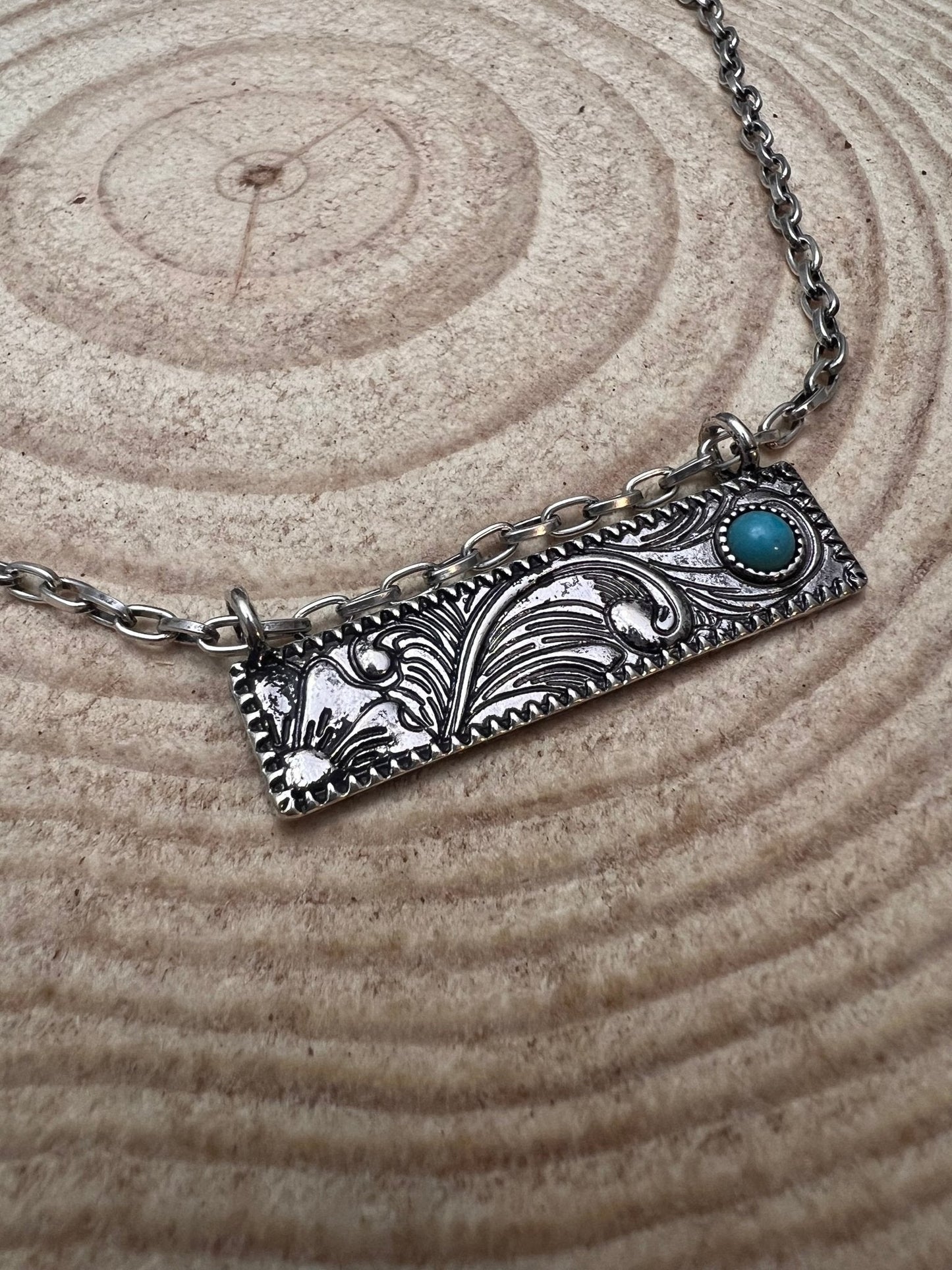 Western Faux Tooled Bar Necklace with Faux Turquoise — 18 Inch with Extender