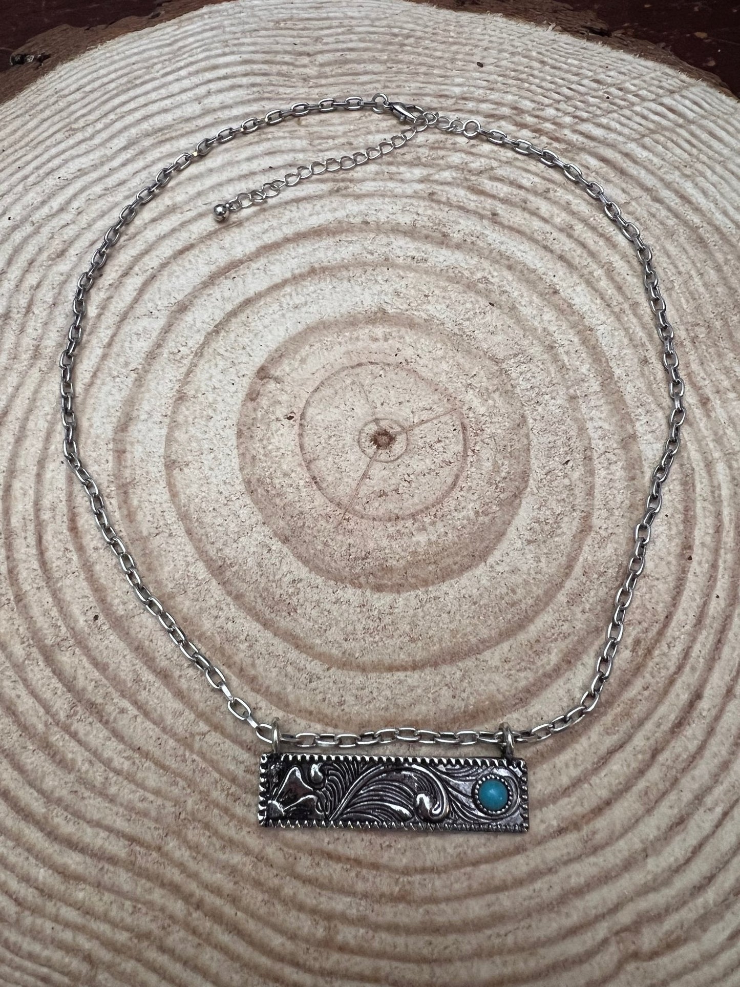Western Faux Tooled Bar Necklace with Faux Turquoise — 18 Inch with Extender