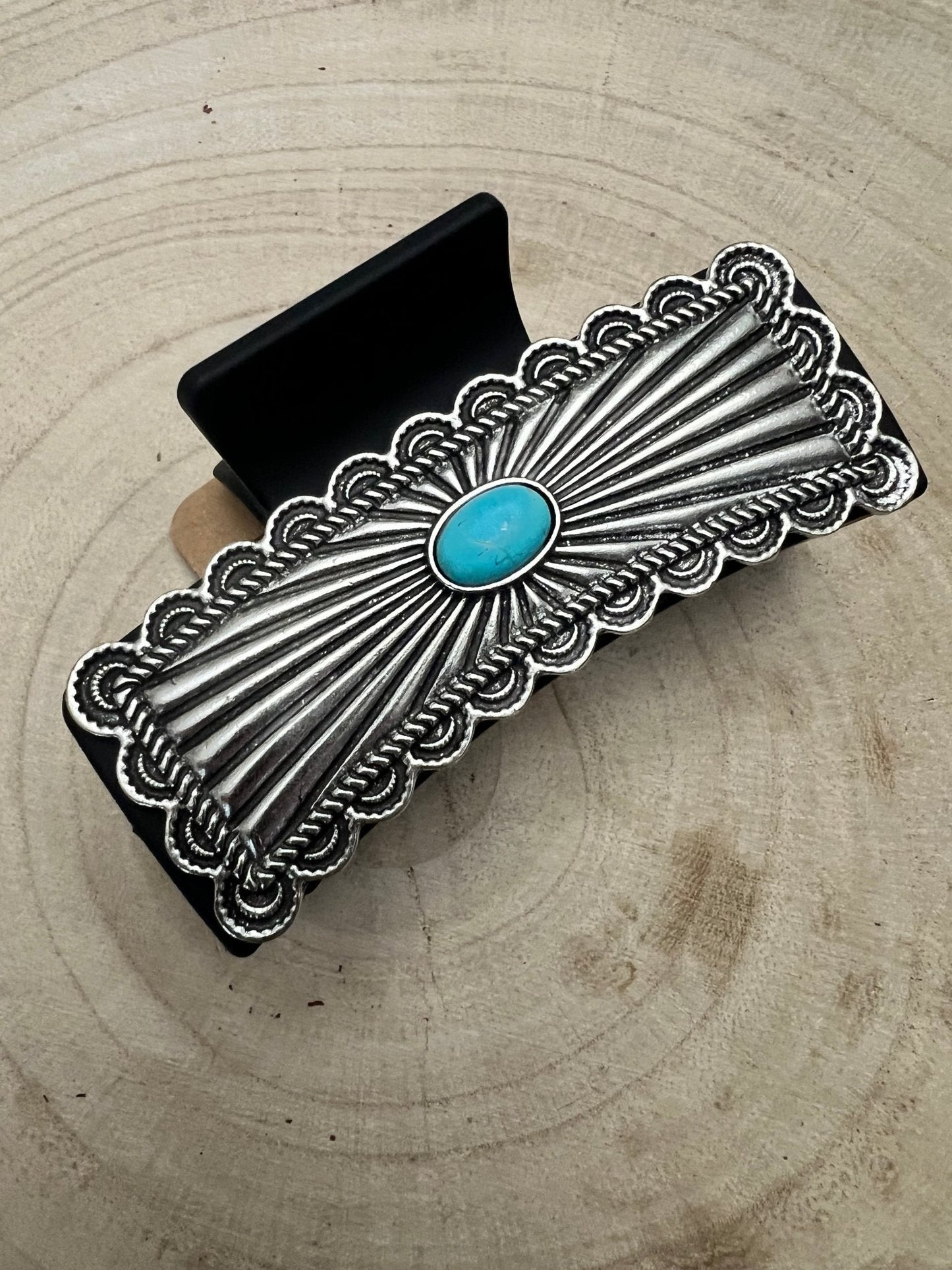 Southwestern Turquoise & Silver Concho Claw Clip — 4.5" Large Western Hair Statement