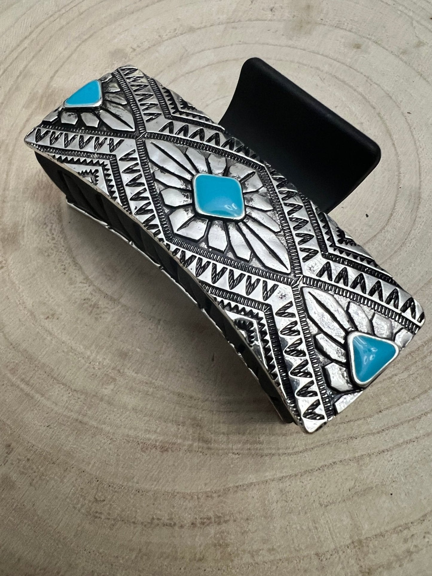 Western Faux Turquoise & Stamped Silver Hair Claw Clip — 3.5" Old West Statement