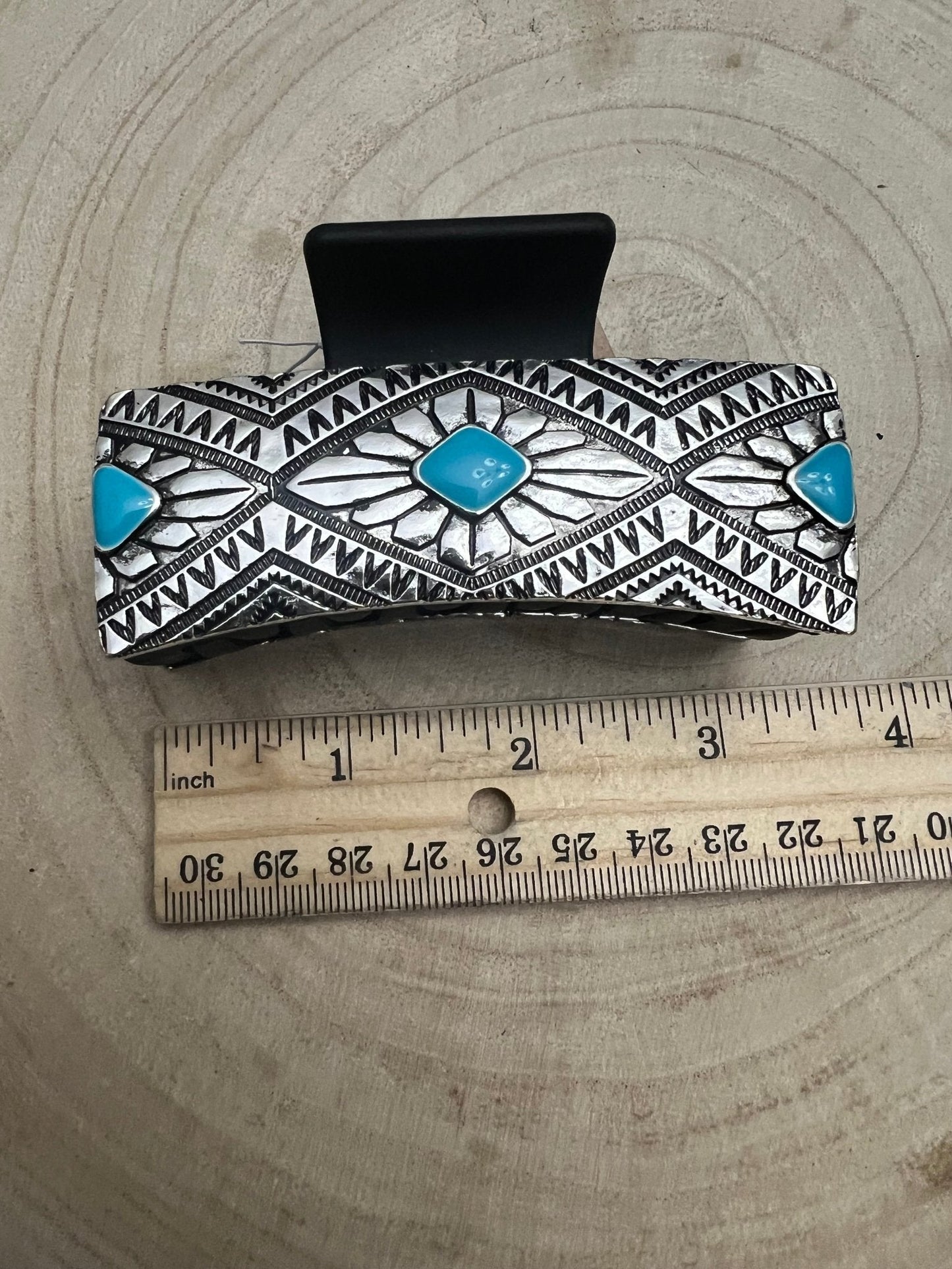 Western Faux Turquoise & Stamped Silver Hair Claw Clip — 3.5" Old West Statement