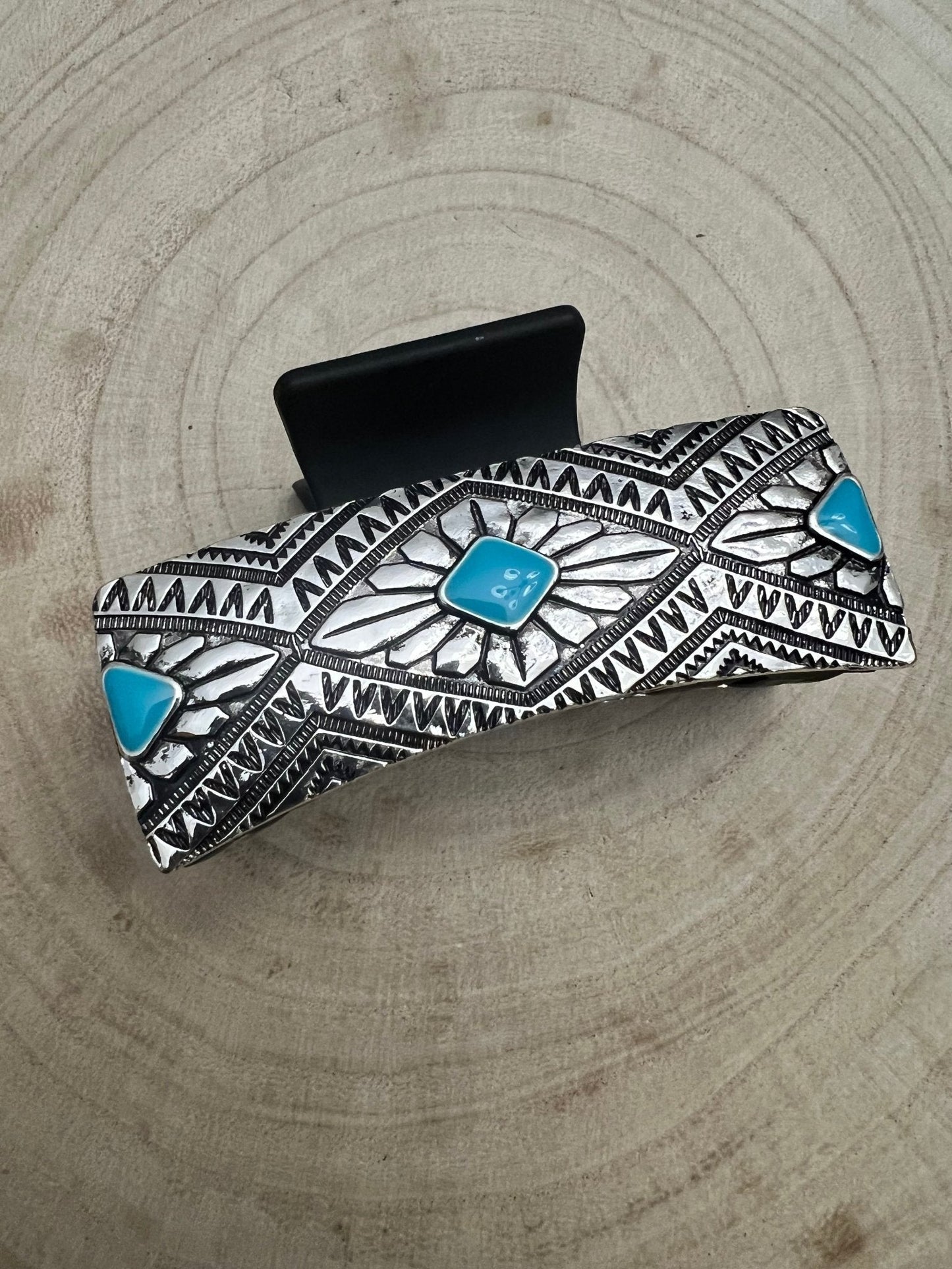 Western Faux Turquoise & Stamped Silver Hair Claw Clip — 3.5" Old West Statement